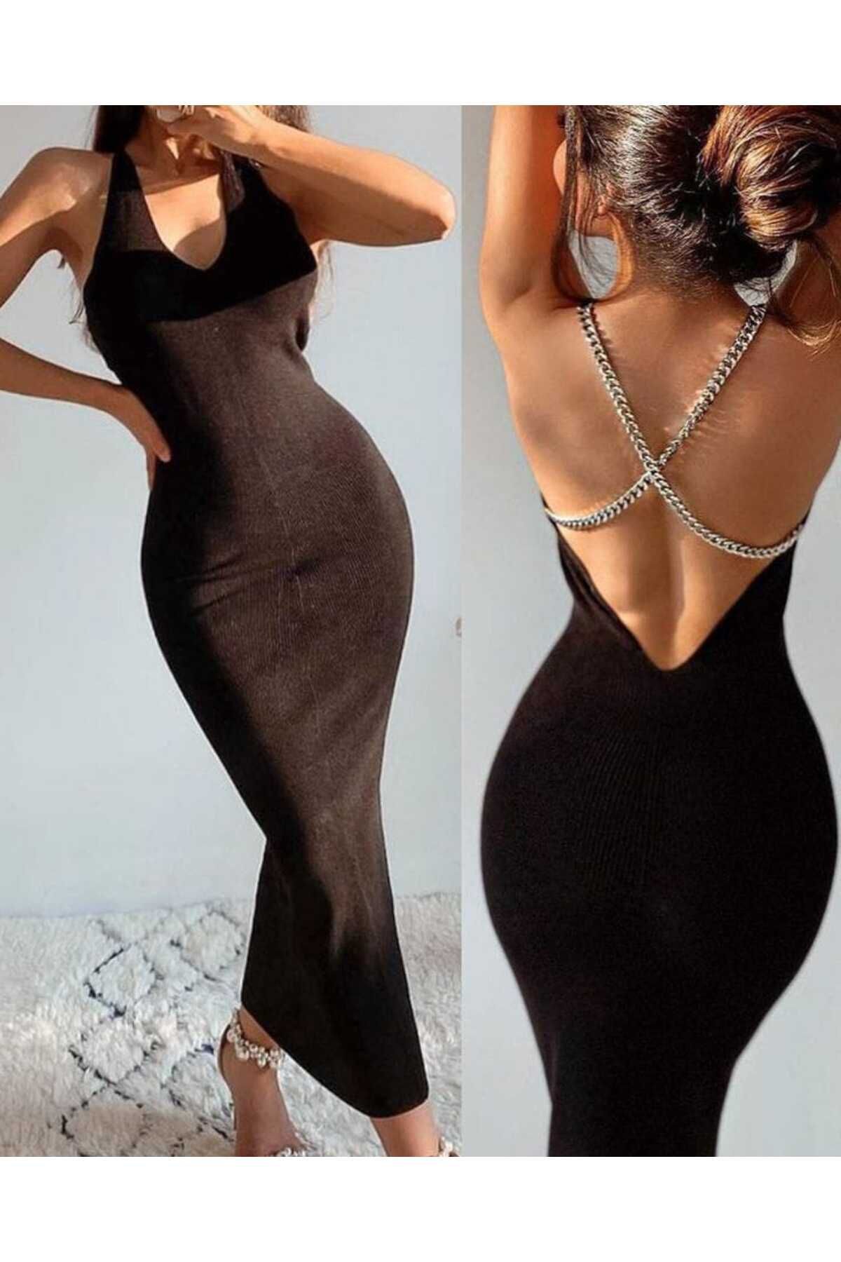 Sırt Dekolteli Triko Midi Boy Elbise