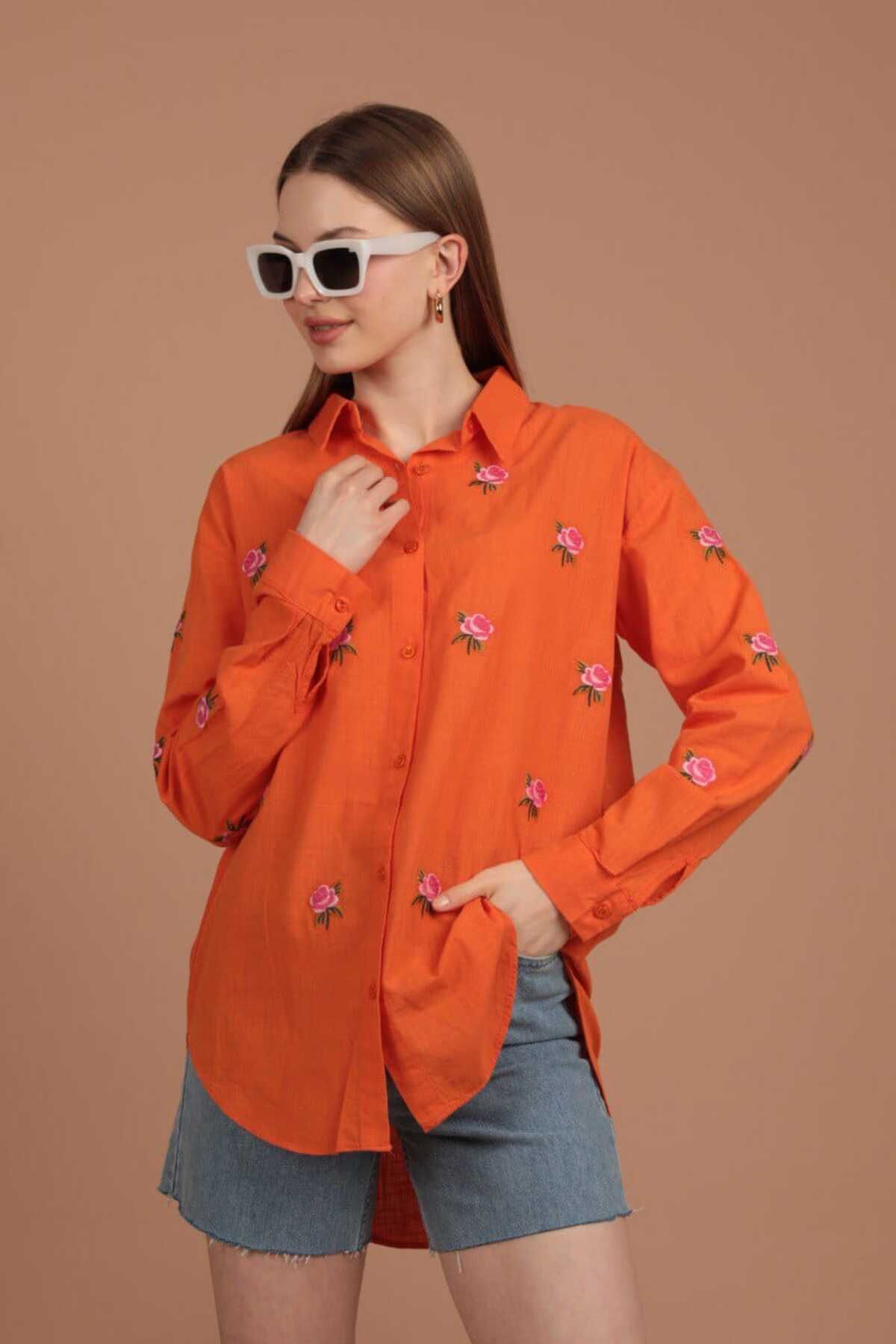 Gül Motifli Keten Gömlek