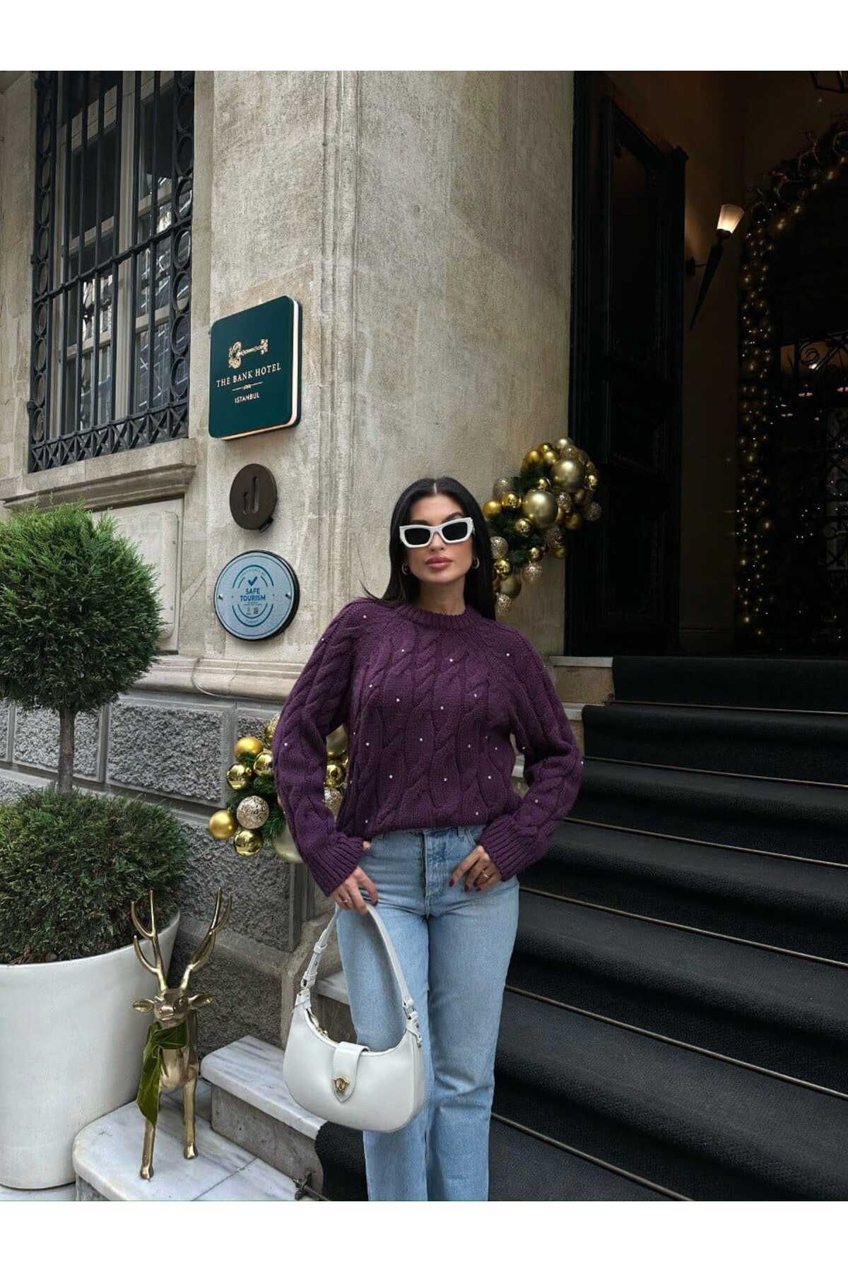 Taşlı Kalın Örgülü Kazak