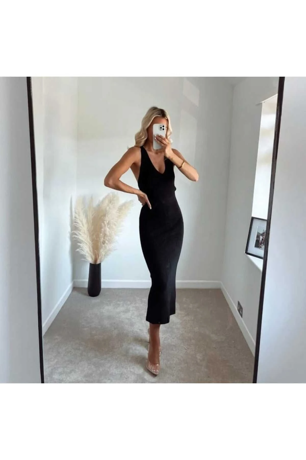 Sırt Dekolteli Triko Midi Boy Elbise