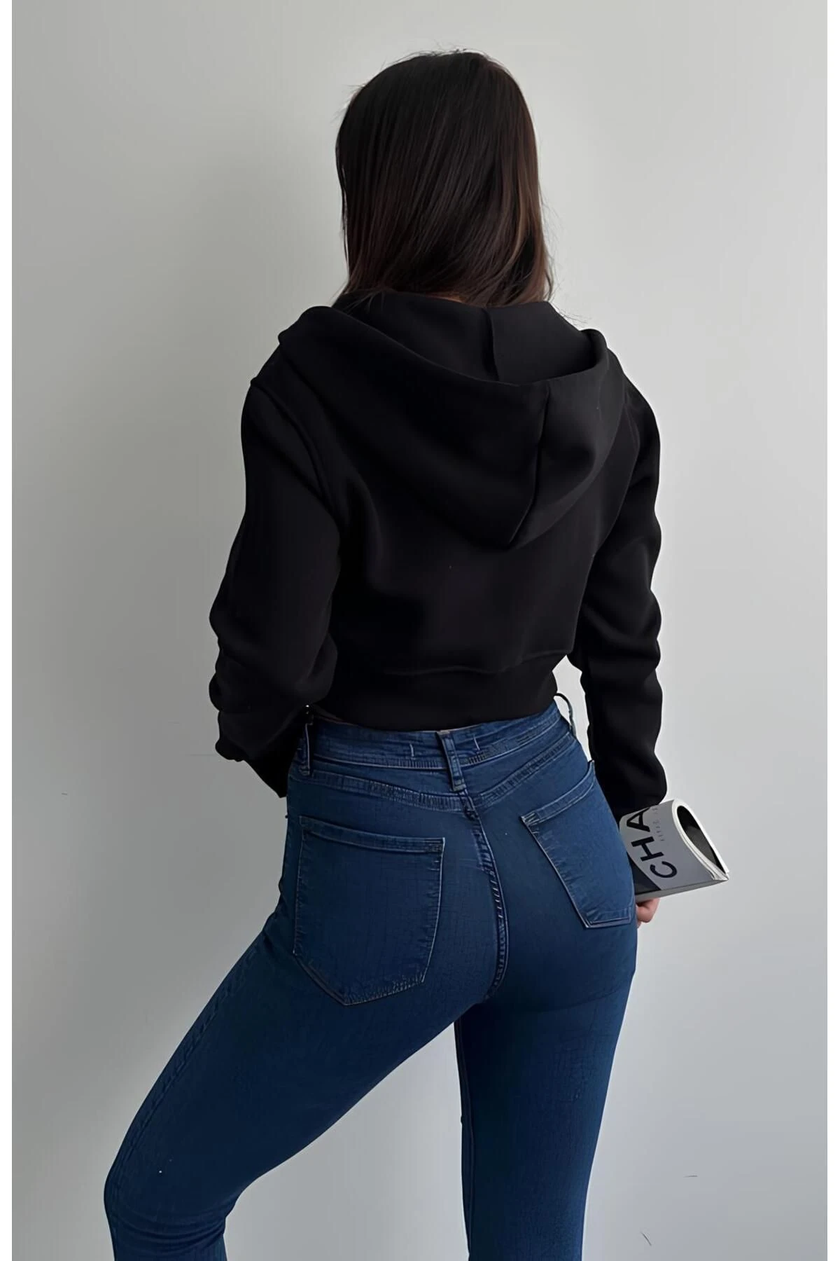 İçi Şardonlu Kapüşonlu Crop Ceket