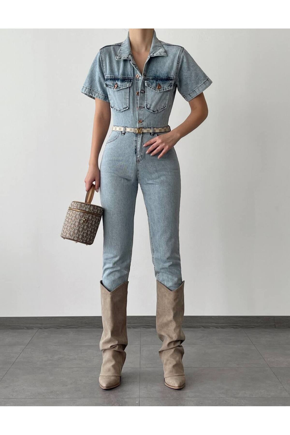 Yakalı Spor Jeans Tulum