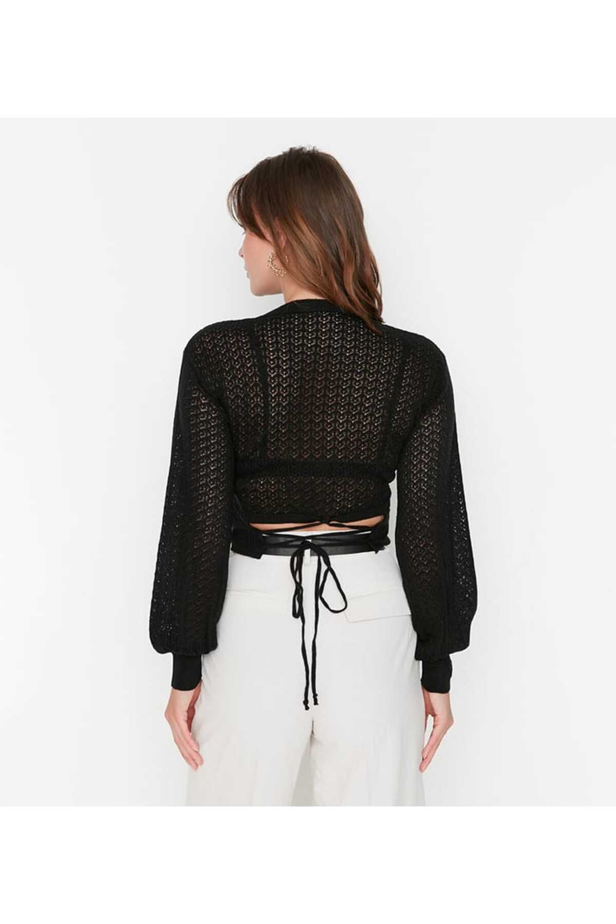 Sırtı İpli Örgü Crop-Kazak