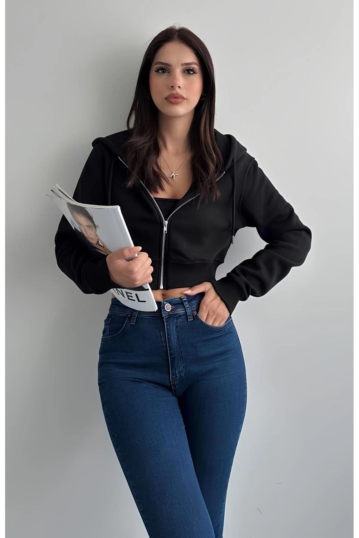 İçi Şardonlu Kapüşonlu Crop Ceket