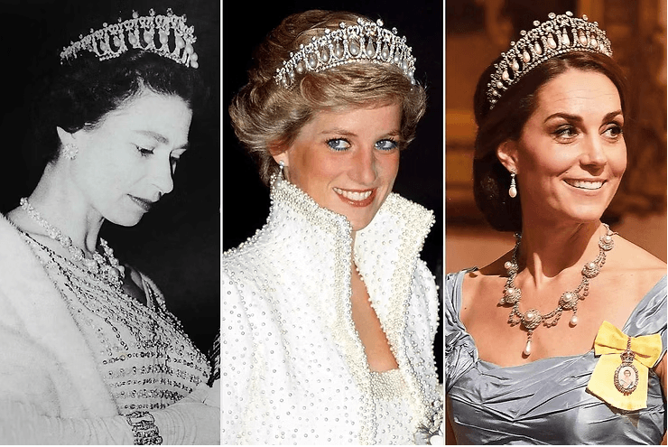 Solda: Kraliçe II. Elizabeth | Ortada: Lady Diana Spencer | Sağda: Kate Middleton Cambridge Lover's Knot Tiara (Cambridge Aşıklarının Düğümlü Tacı) mücevheri ile