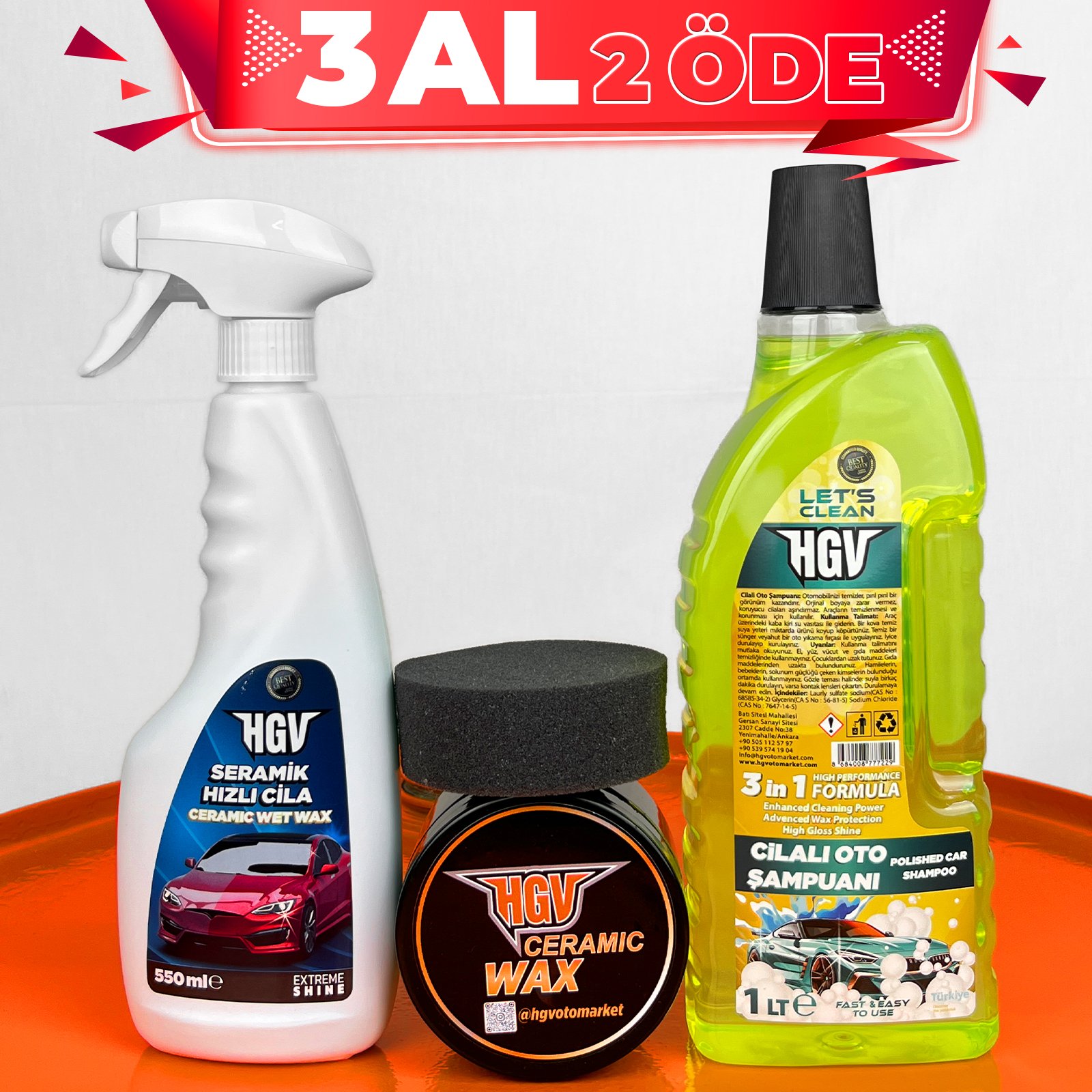 HGV Seramik Hızlı Cila + Cilalı Oto Şampuanı 1Lt (Yeşil) + Seramik Wax + Cila Pedi (Hediye) 3 Al 2 Öde