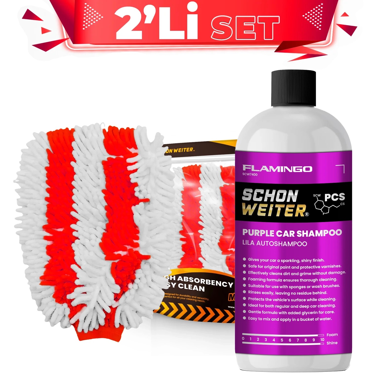 Schön Weiter PCS Car Shampoo Flamingo + Double Face Mikrofiber Yıkama Eldiveni Seti