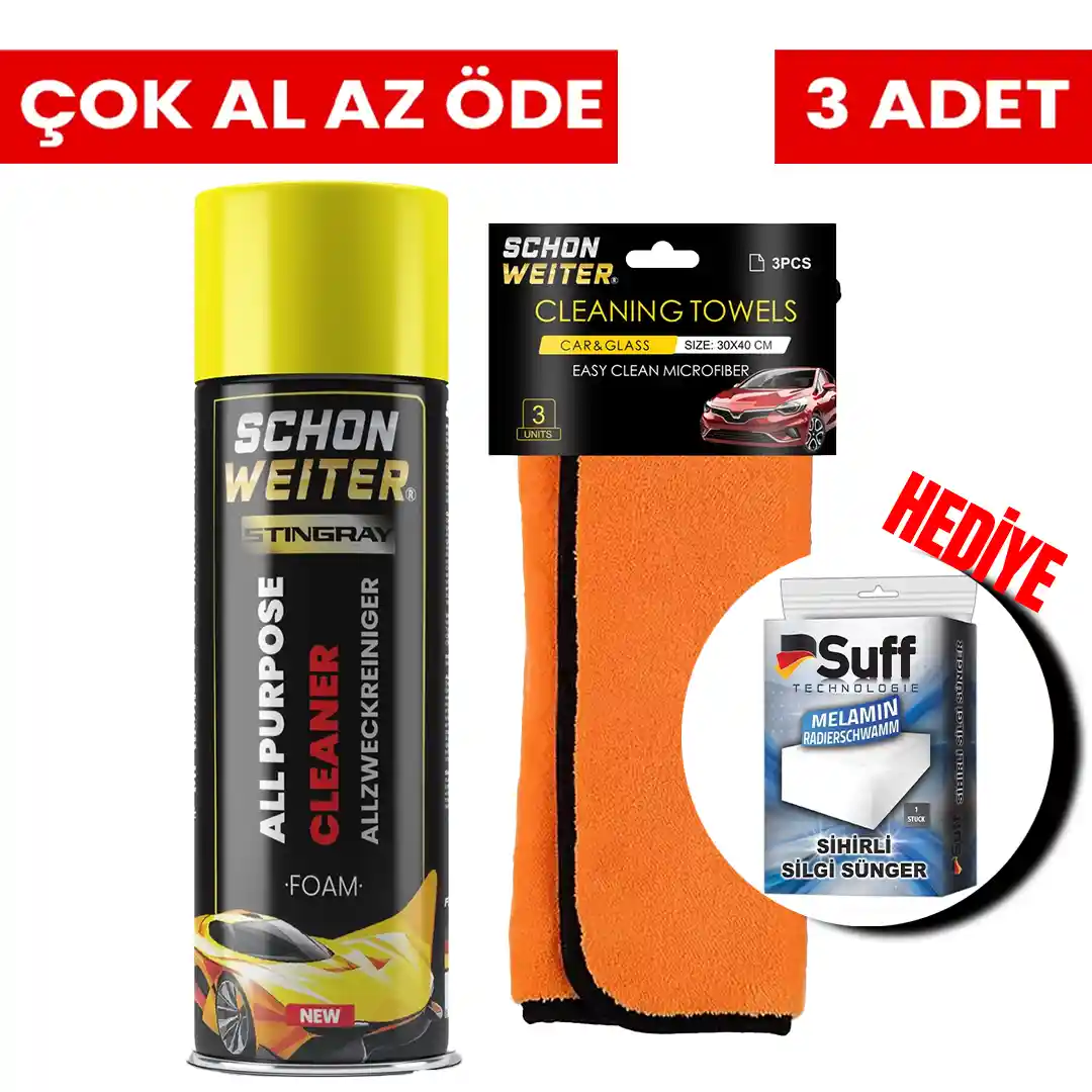 Schön Weiter Çok Amaçlı Temizleyici + 3’lü Mikrofiber Bez Seti – Üstüne Hediye Sihirli Sünger!