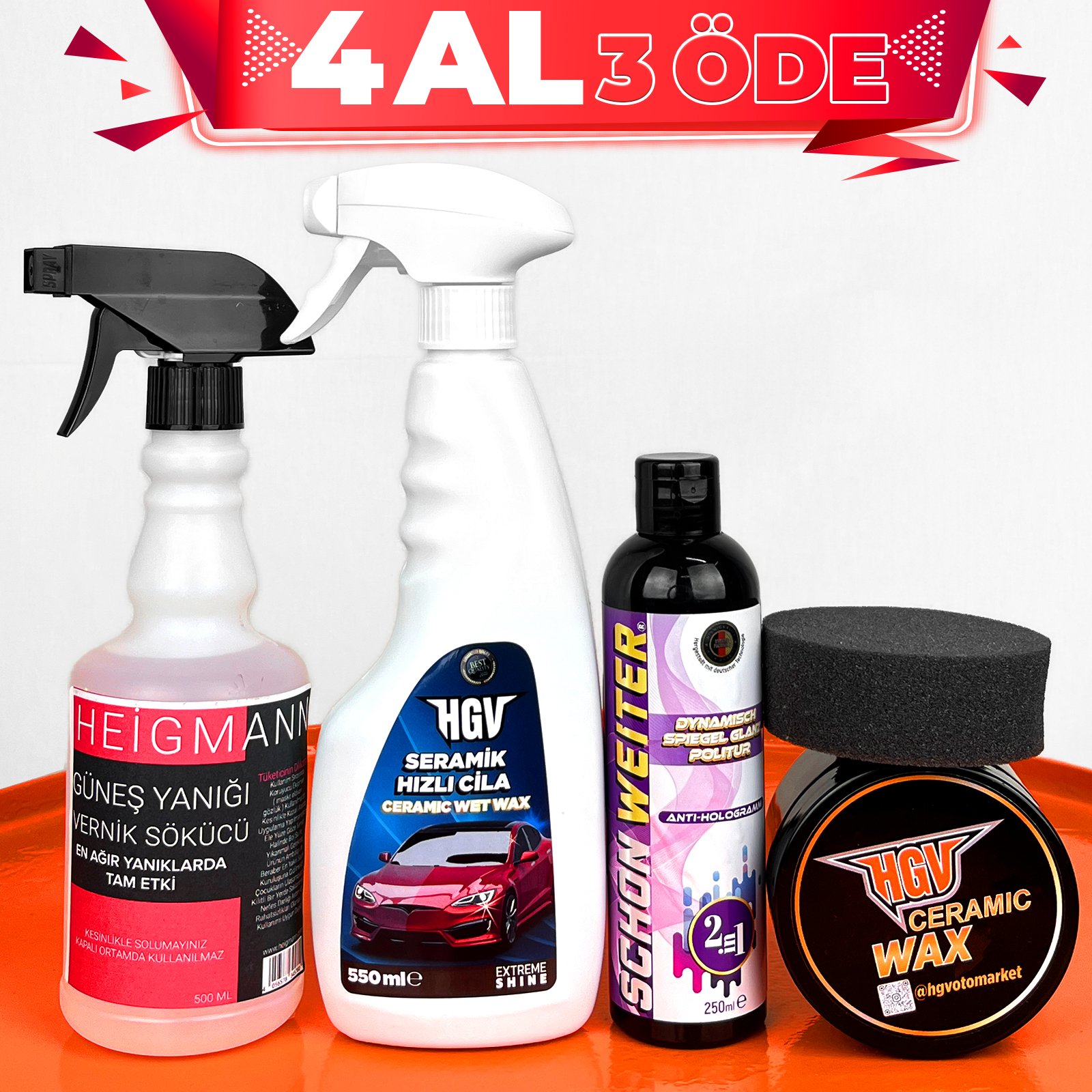 HGV Seramik Hızlı Cila + Seramik Wax + Schön Weiter 2 İn 1 Hare Giderici - Cila + Heigmann Vernik Sökücü + Cila Pedi (Hediye) 4 Al 3 Öde