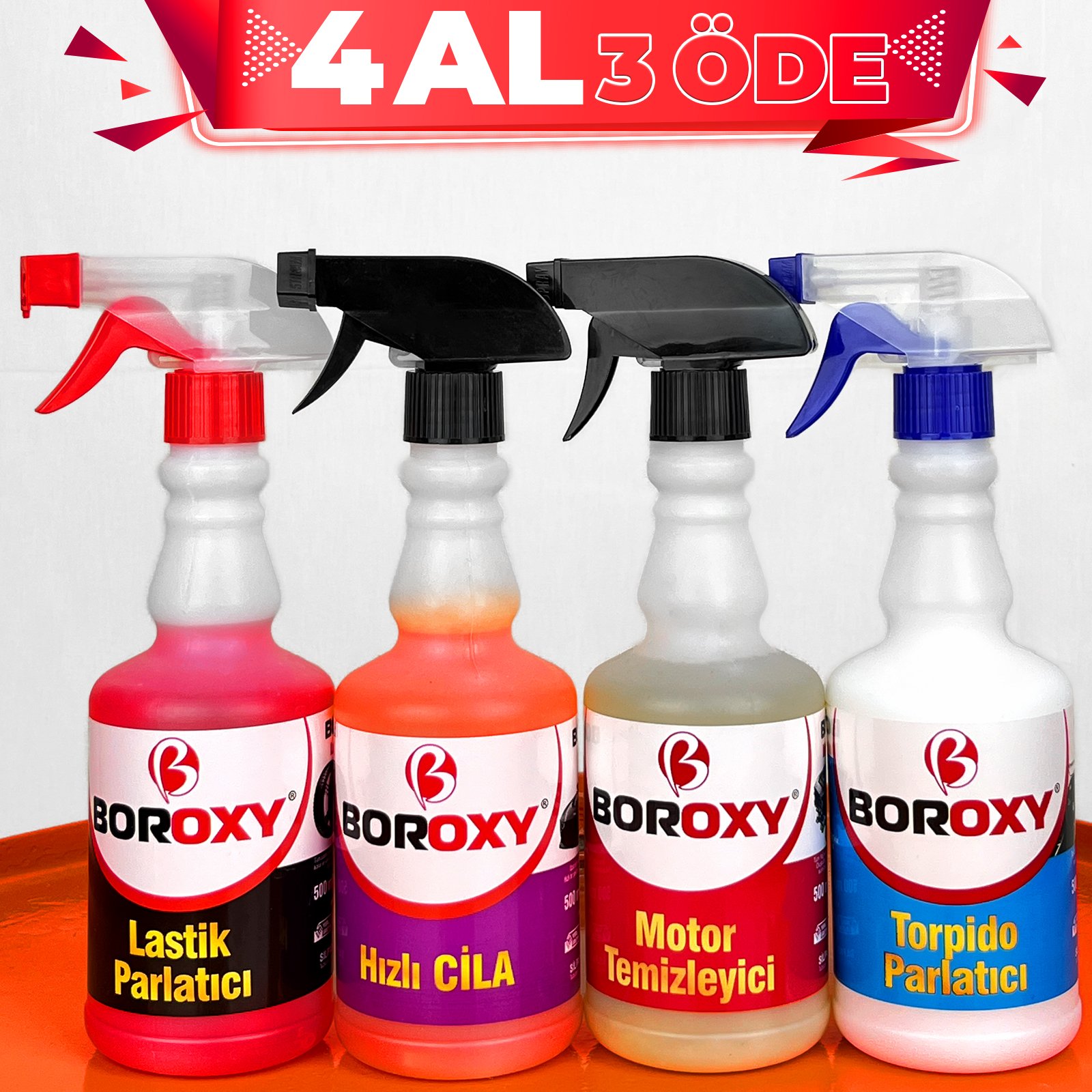 Boroxy Lastik Parlatıcı + Motor Temizleme + Hızlı Cila + Torpido Parlatıcı 4 Al 3 Öde