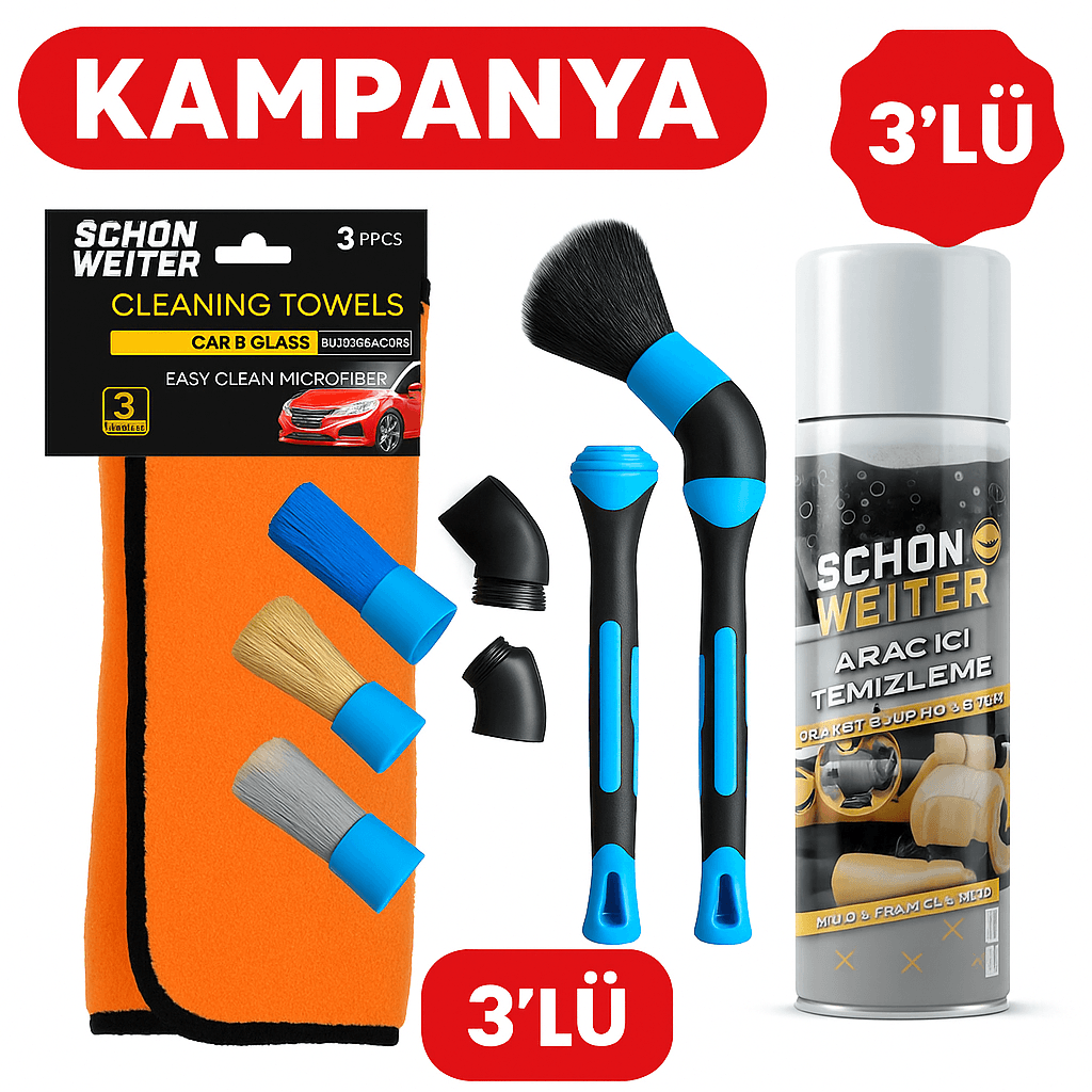 Schön Weiter Araç İçi Temizlik Seti – Köpük + 6+2 Fırça + 3'lü Mikrofiber Bez