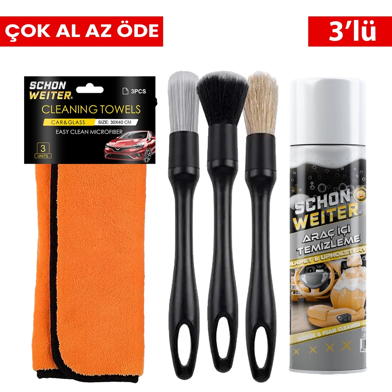 Schön Weiter Araç İçi Temizleme Köpüğü + 3’lü Araç Temizleme Fırçası + 3’lü Mikrofiber Bez Seti