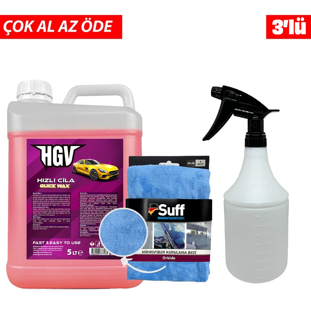 HGV Hızlı Cila 5lt Kampanyası - 3’lü Set: Hızlı Cila, Mikrofiber Bez ve Püskürtücü Şişe ile Çok Al Az Öde!