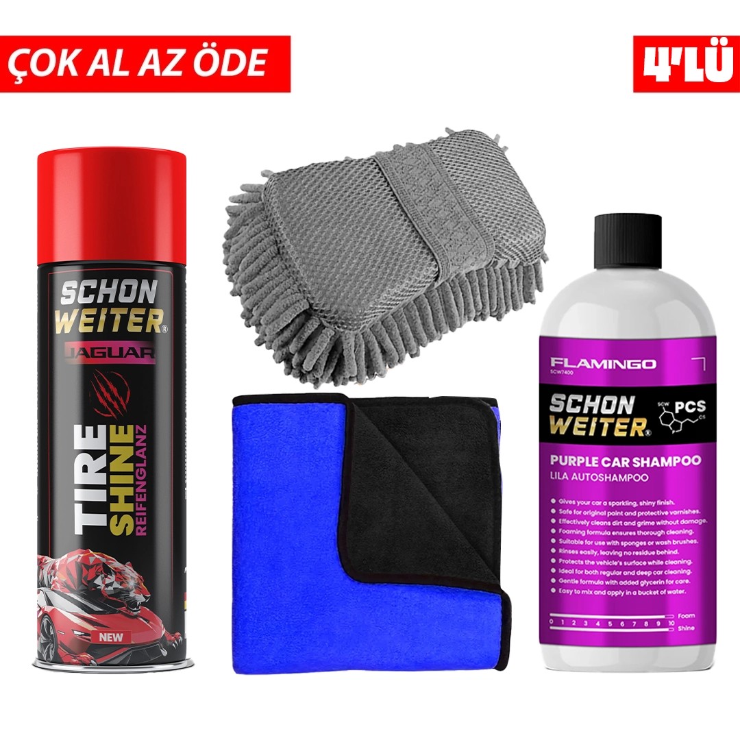 4’lü Dış Yüzey Bakım Seti – Yıka, Kurula, Parlat, Lastiği Şımart!