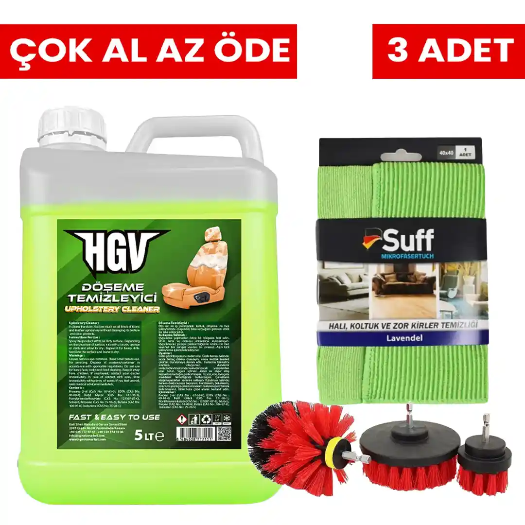 HGV Döşeme Temizleyici + Mikrofiber Bez + Matkap Uyumlu 3’lü Fırça Seti – En Zorlu Kirlerde Profesyonel Çözüm!
