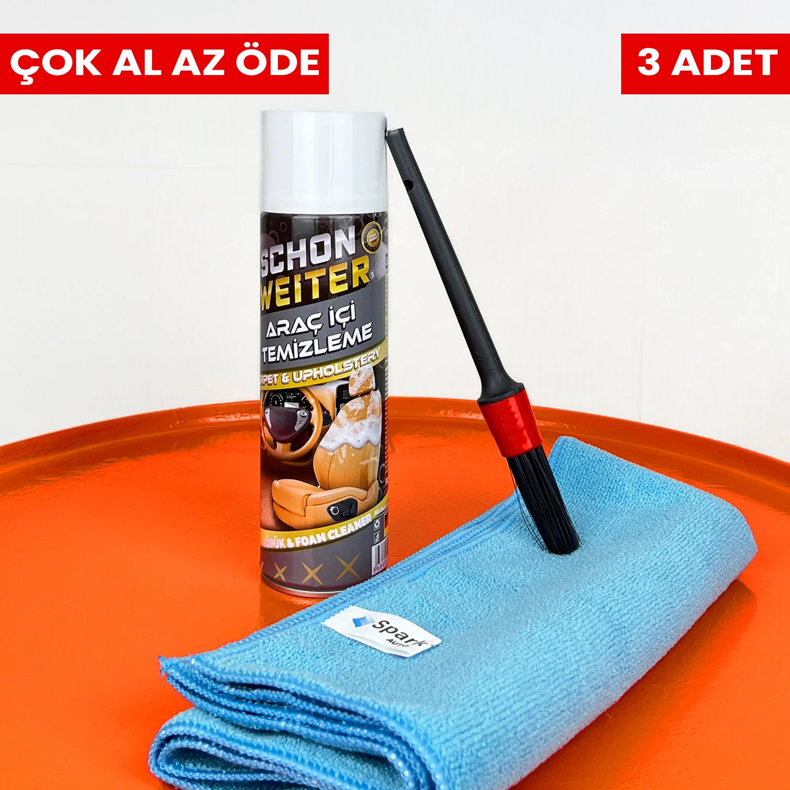 Schön Weiter Araç İçi Köpük Temizleme + Detay Fırça + Spark 50*60 Mikrofiber Bez 3 Al Az Öde