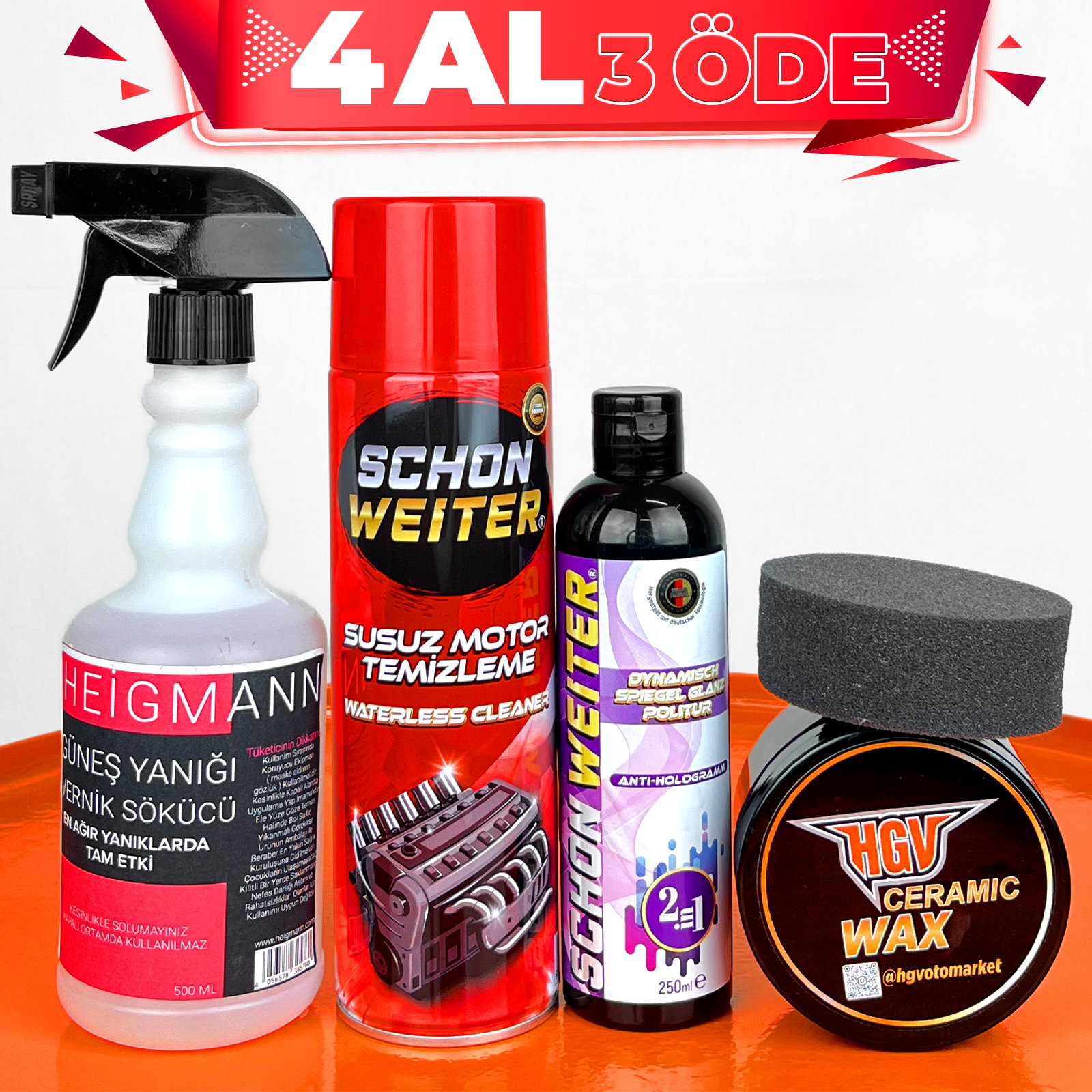 Schön Weiter Susuz Motor Temizleme + 2 İn 1 Hare Giderici - Cila + HGV Seramik Wax + Heigmann Vernik Sökücü + Cila Pedi (Hediye) 4 Al 3 Öde