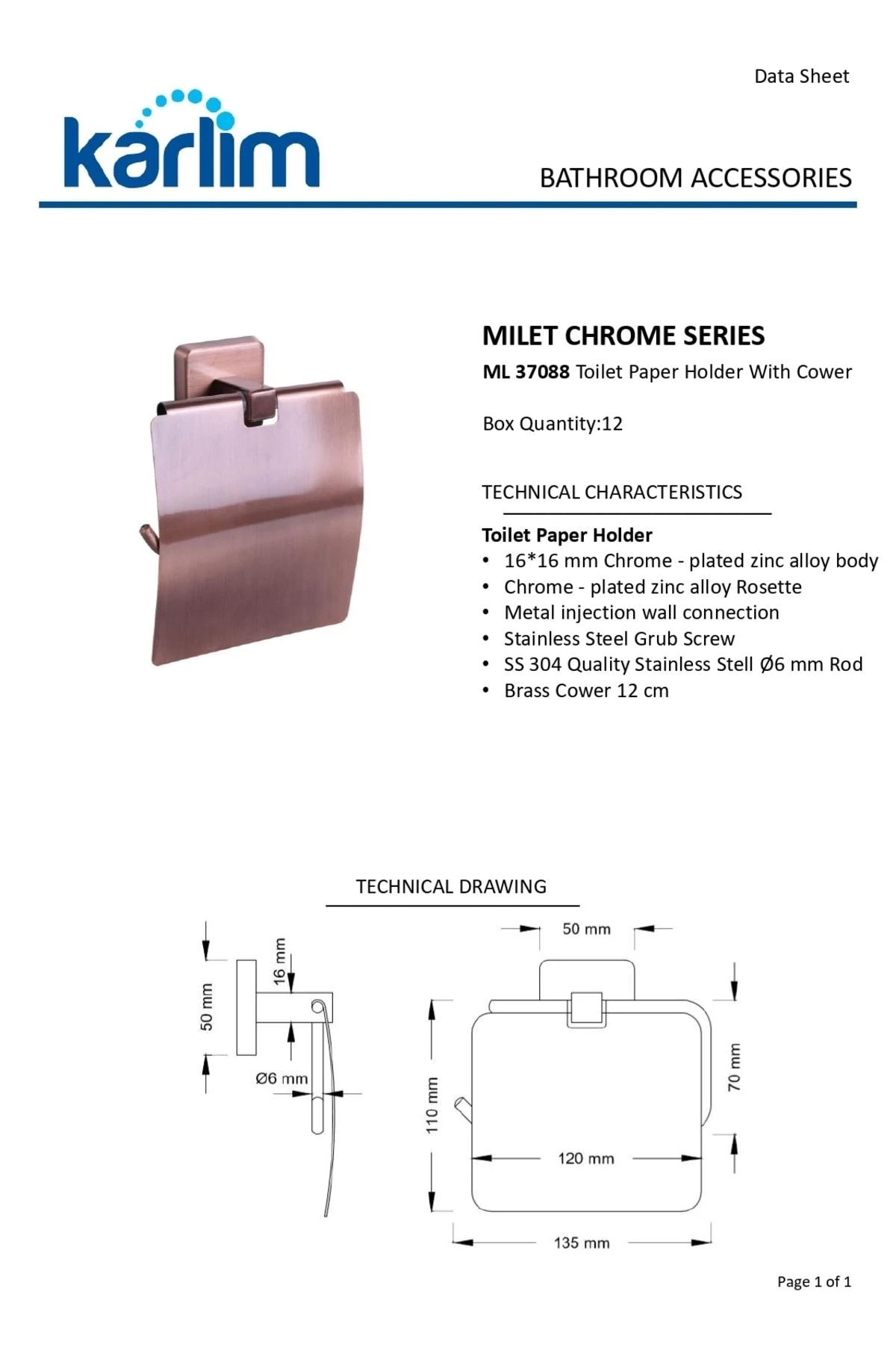 ® Ml.ab 37088-k Milet Serisi Kapaklı Tuvalet Kağıtlık 12 cm Antik Bakır Kaplama