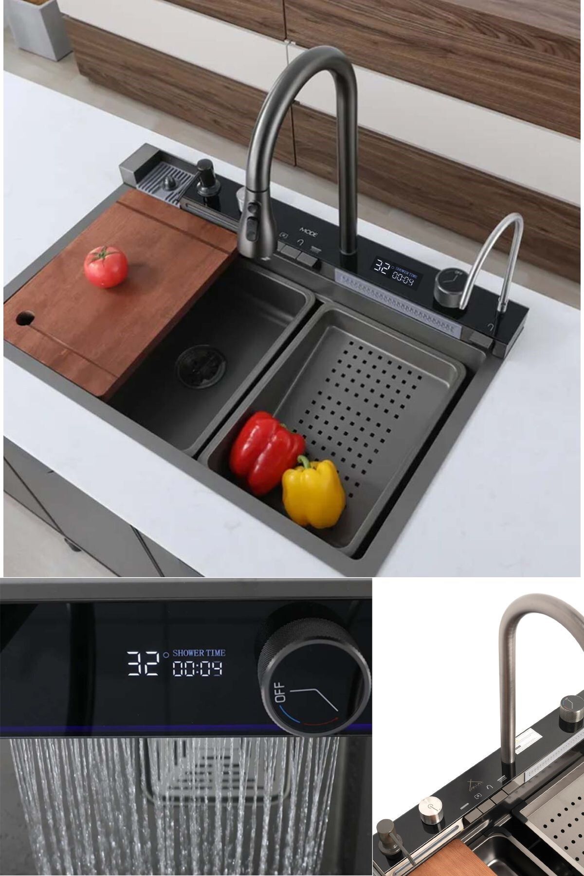 MIA 304 Paslanmaz Çelik Çok Fonksiyonlu Akıllı Dijital Ekran Mutfak Lavabosu  Şelale Evye Full Set