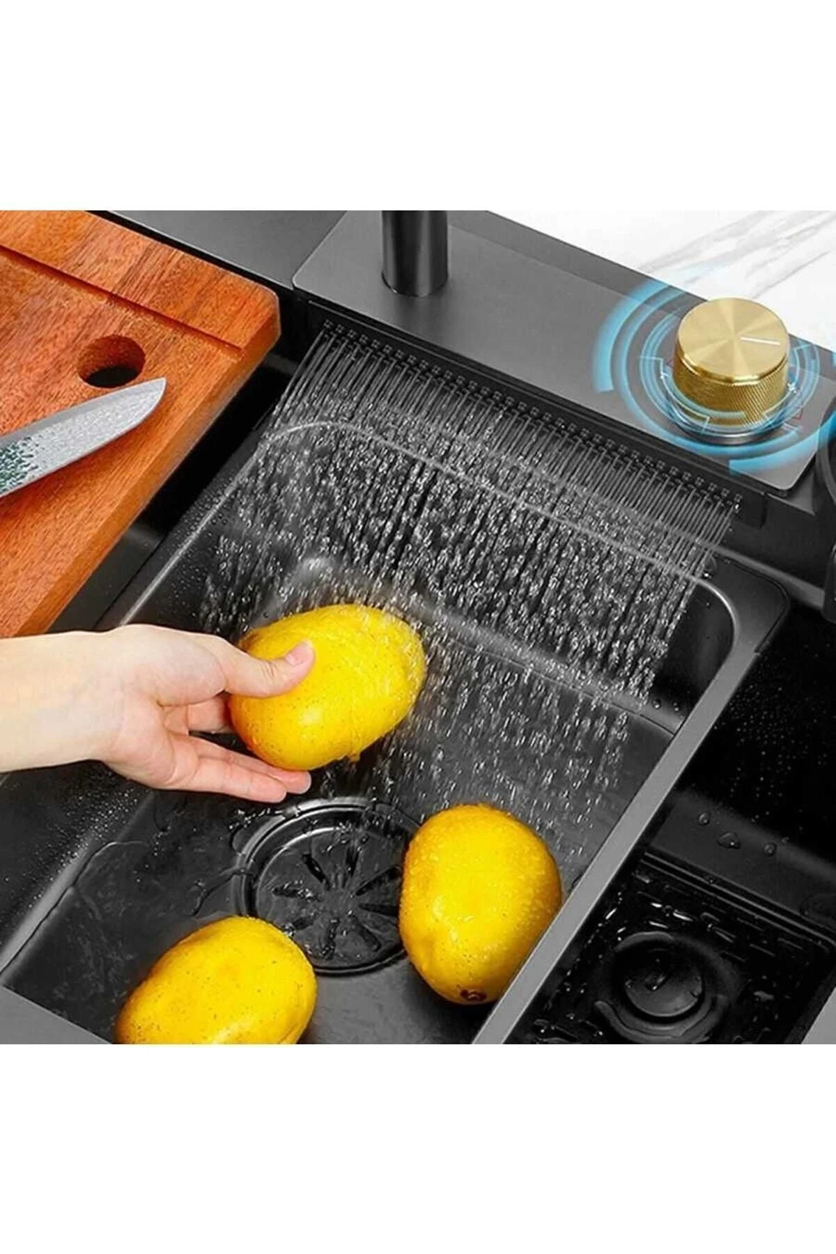 Teknolojik Akıllı Yağmurlama Armatür Kesme Tahtası 2 Tepsi 75x45x20cm Ankastre Evye Seti Hediye Li