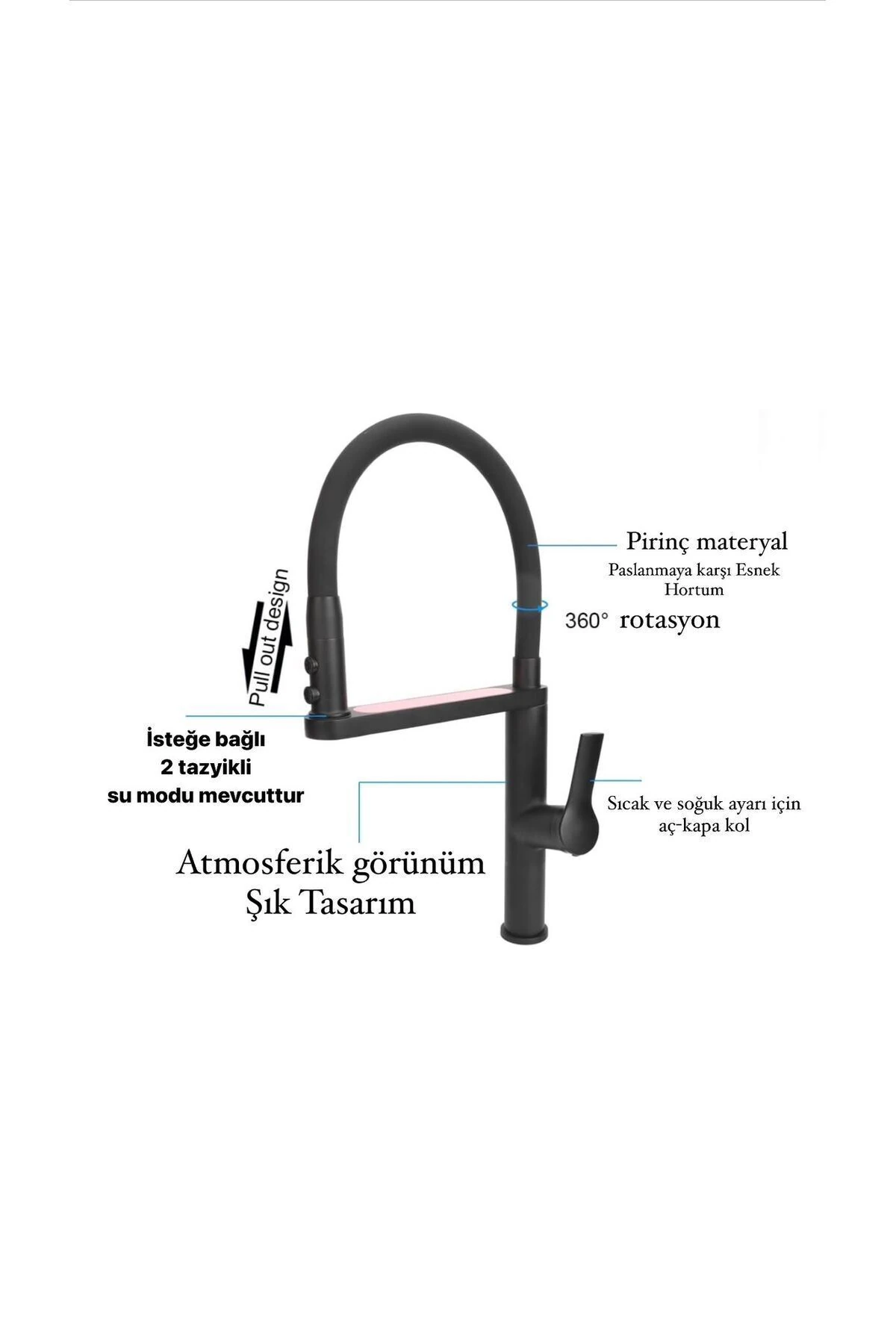 Esnek Borulu Siyah Pull-Out Mutfak Bataryası