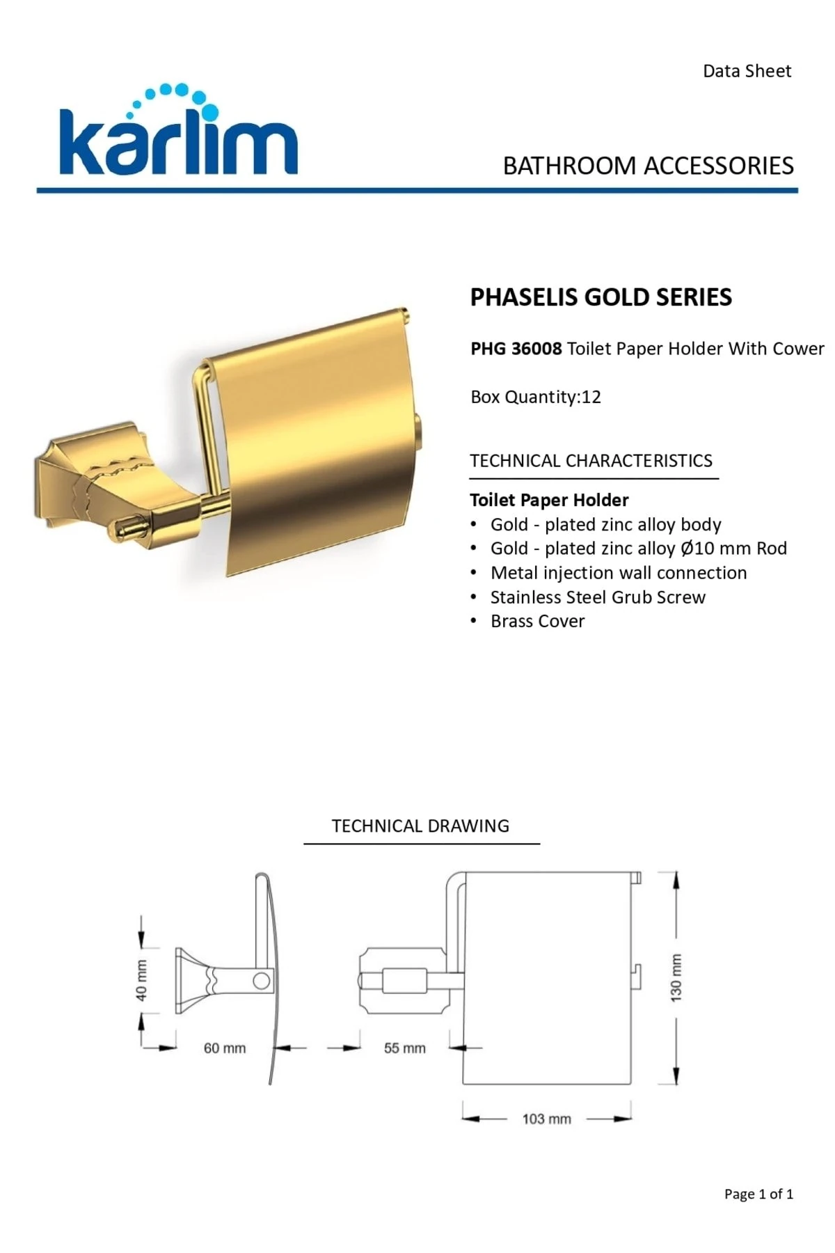 ® Phg 36008-k Phaselis Serisi Kapaklı Tuvalet Kağıtlık Gold Kaplama