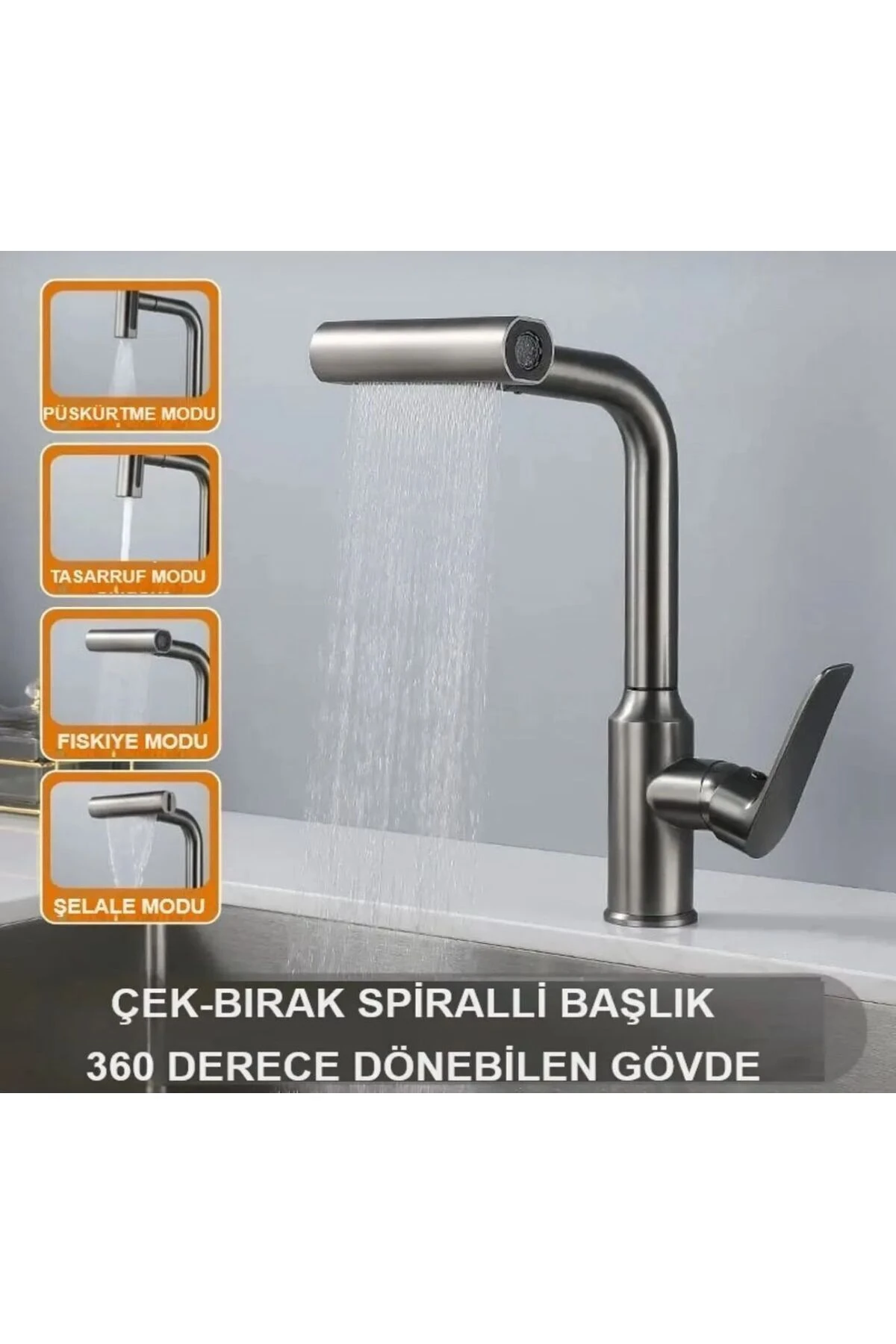 Fleko Çok Modlu Spiralli Mutfak Evye Bataryası Şelale Yağmurlama Fonksiyonel