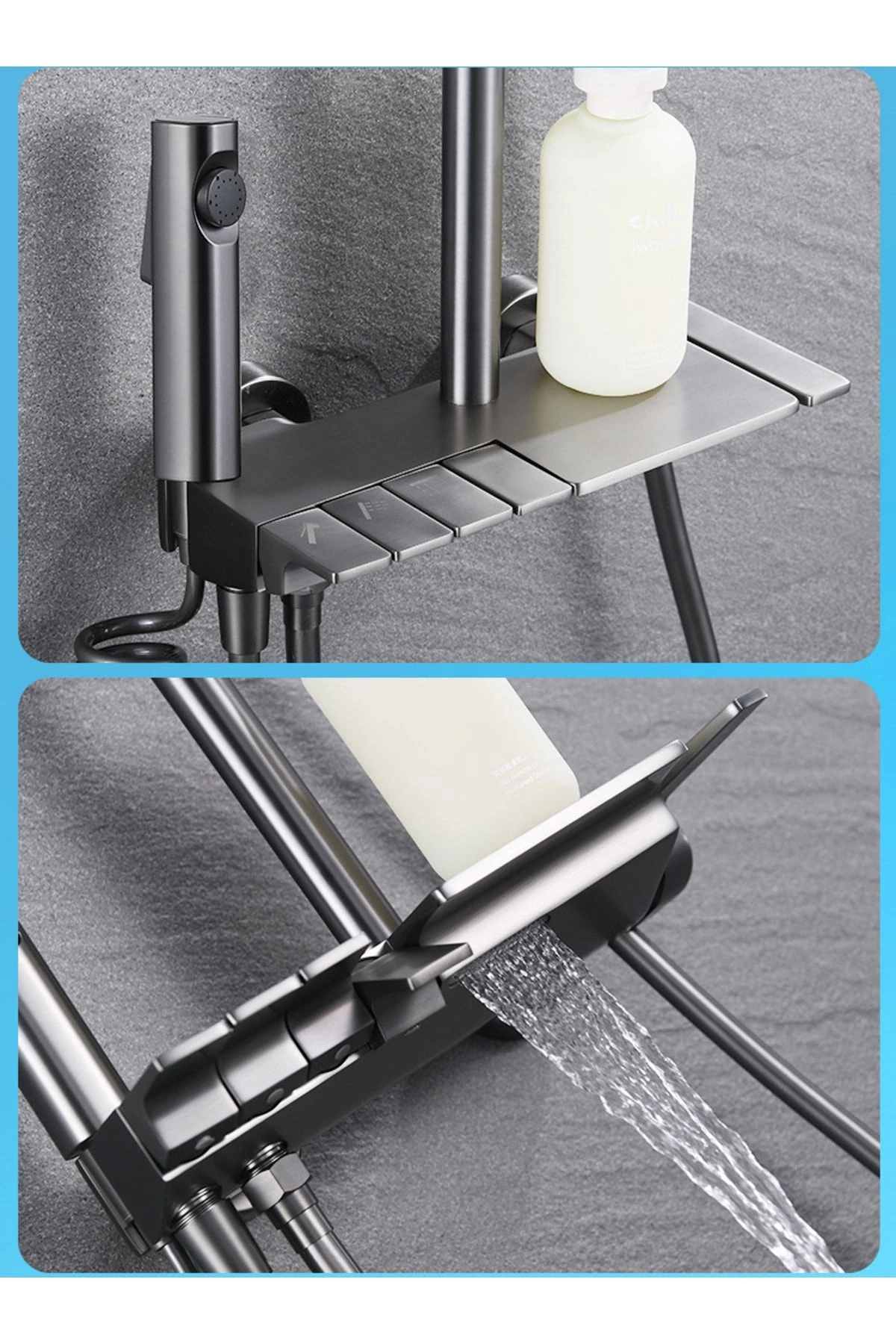 Piyano Siyah Kare Tepe Duş Seti