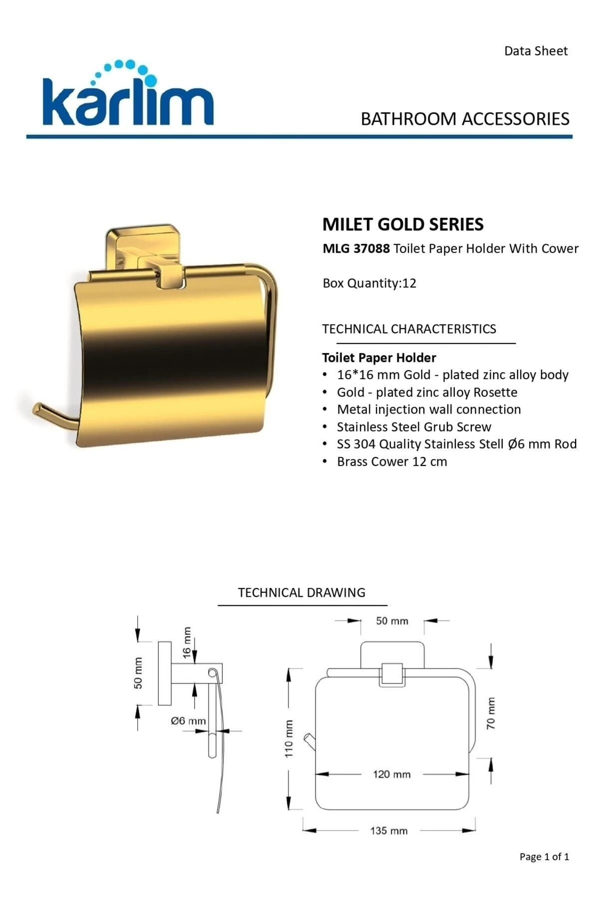 ® Mlg 37088-k Milet Gold Geniş Kapaklı Tuvalet Kağıtlık 12 Cm