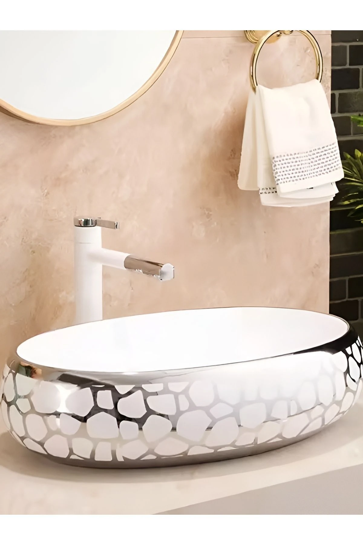 Banyo Lavabosu Tezgah Üstü Çanak Banyo Lavabosu Doğal Taş Gümüş Yaldız Desenli 60x40x15 Ölçü