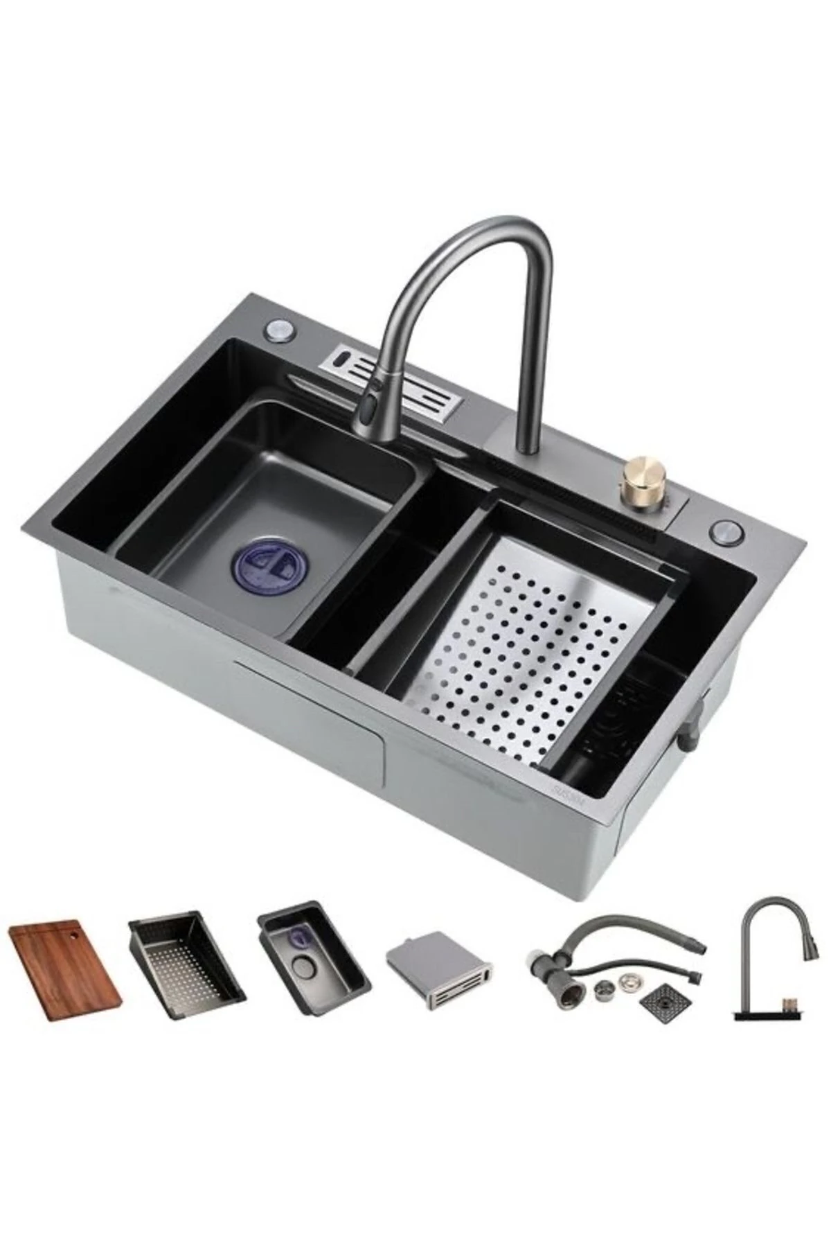 Fotoselli Antrasit Mutfak Eviyesi Arıtıcılı Batarya Hediyeli