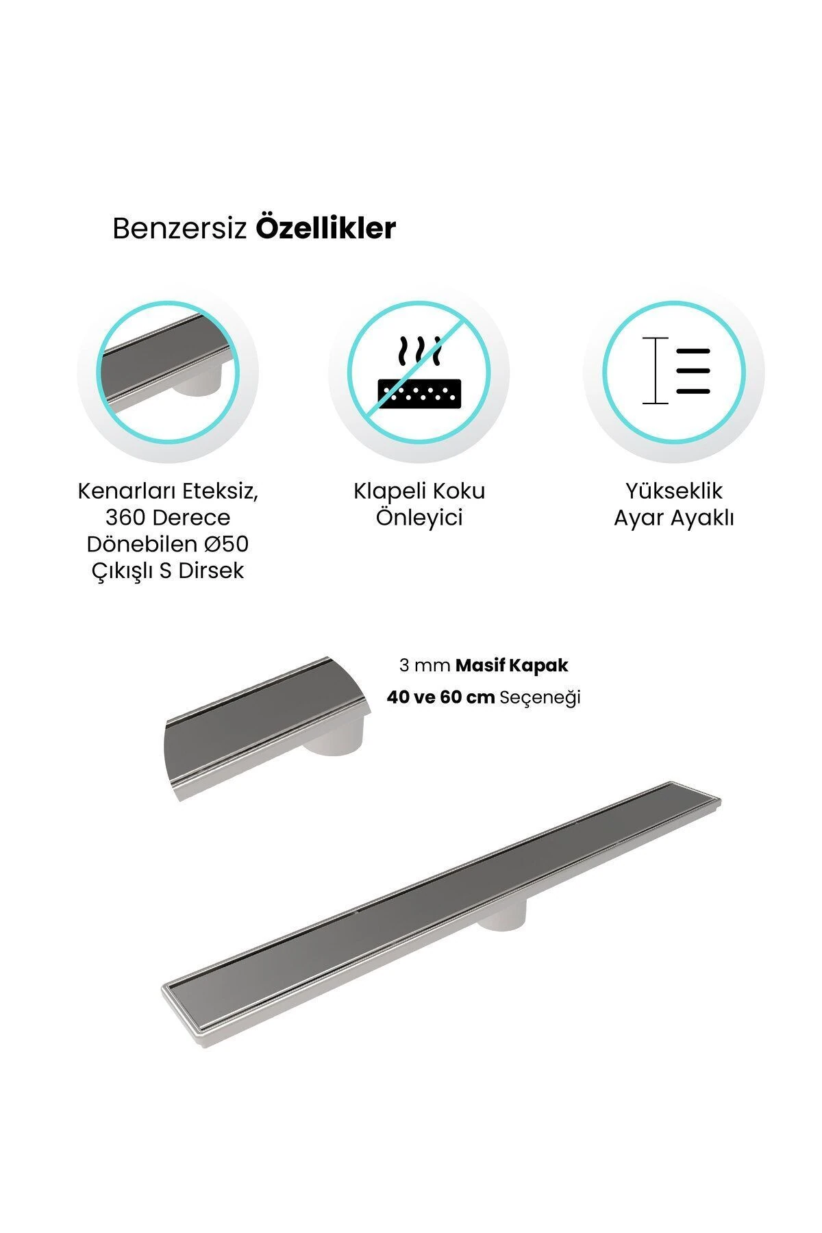 Paslanmaz Klapeli Koku Önleyici Duşakabin Duş Kanalı Yer Süzgeci 40cm