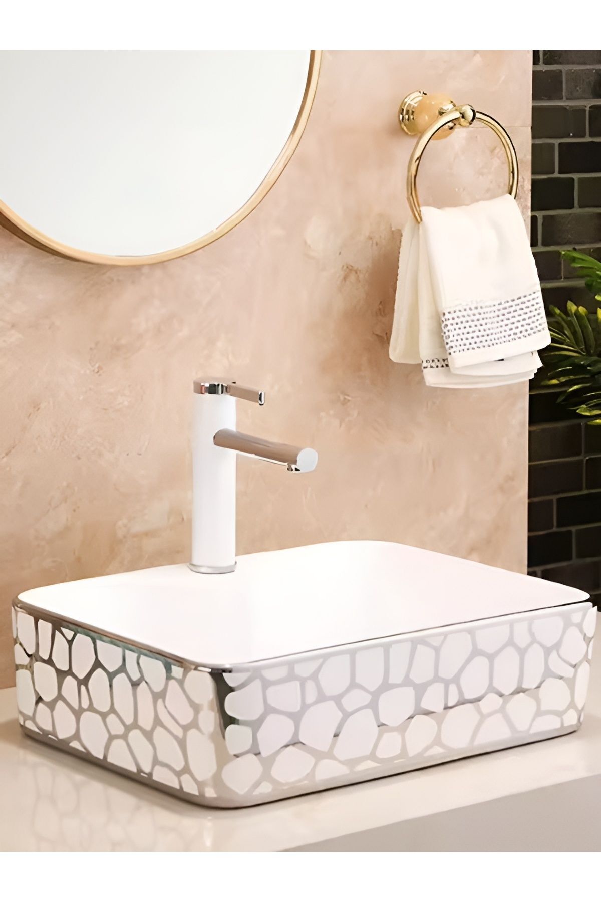 Banyo Lavabosu Tezgah Üstü Çanak Banyo Lavabosu Doğal Taş Gümüş Desenli 48x37x14 Ölçülerinde
