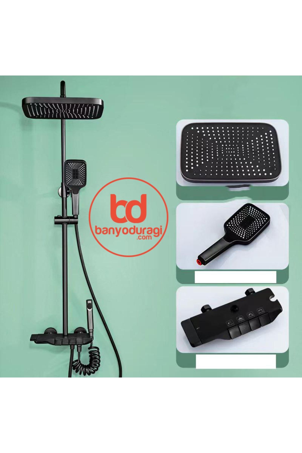 Piyano Siyah Robot Tepe Duş Seti Yağmur Tepe Banyo 4 Tuşlu Batarya Dahil Siyah Duş Seti