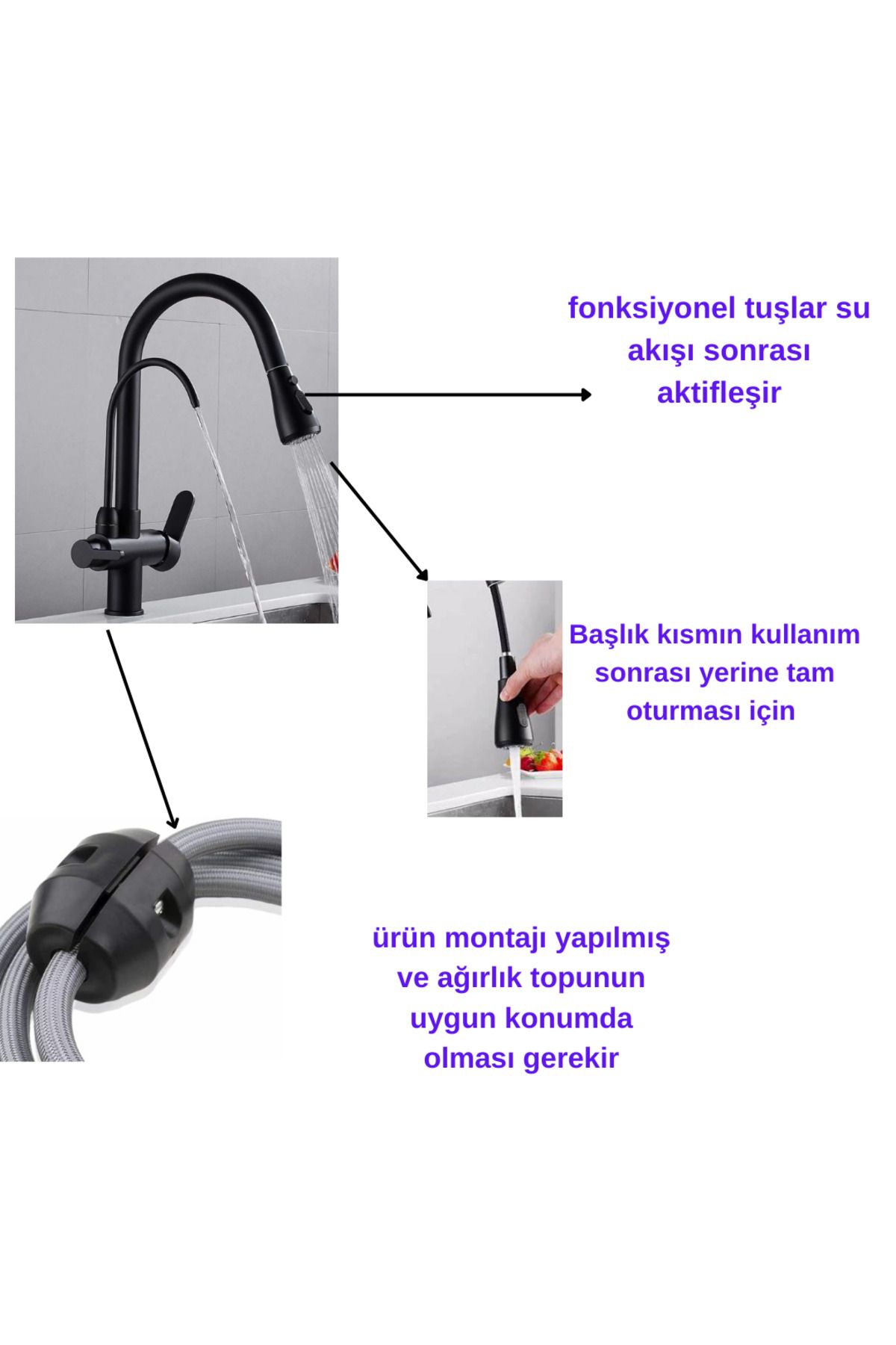 Fleko Spirali Arıtmalı Siyah Mutfak Eviye Bataryası(SICAK SOĞUK GİRİŞLİ,PİRİNÇ MALZEME)5 Yıl Garanti