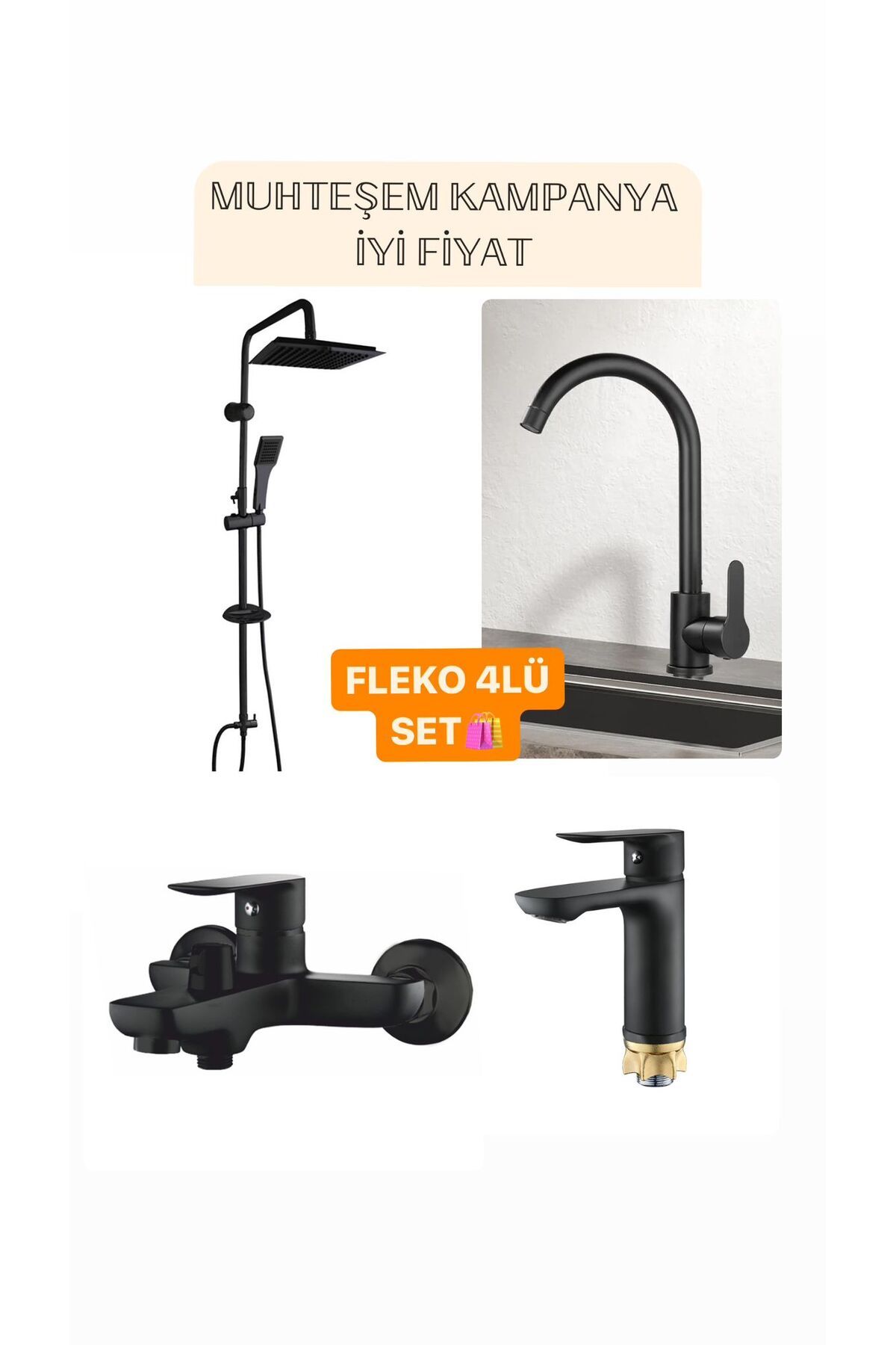 Fleko (4lü Set) Siyah Duş Seti, Siyah Banyo, Mutfak ve Lavabo Bataryası