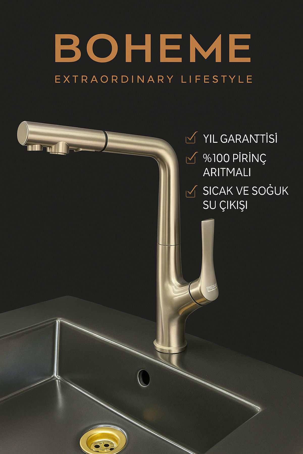 Miranda Antrasit Tuşlu Arıtmalı Spiralli Eviye Bataryası