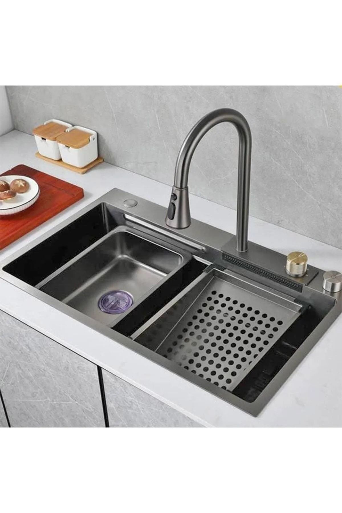 MUTFAK EVYESİ Teknolojik Akıllı Yağmurlama Armatür 75x45x20cm Ankastre Evye Seti evye robot evye