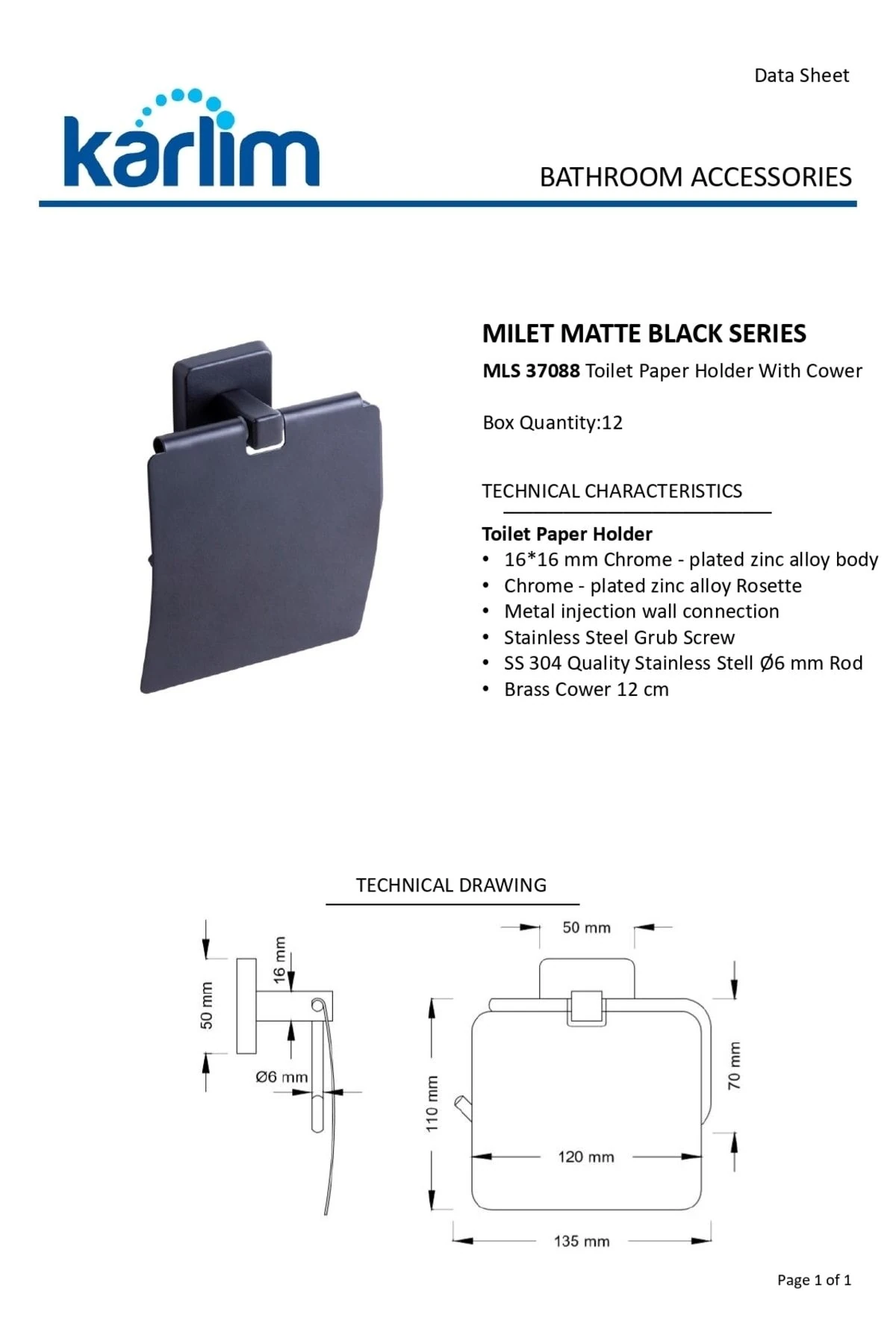 ® Mls 37088-k Milet Mat Siyah Geniş Kapaklı Tuvalet Kağıtlık 12 Cm
