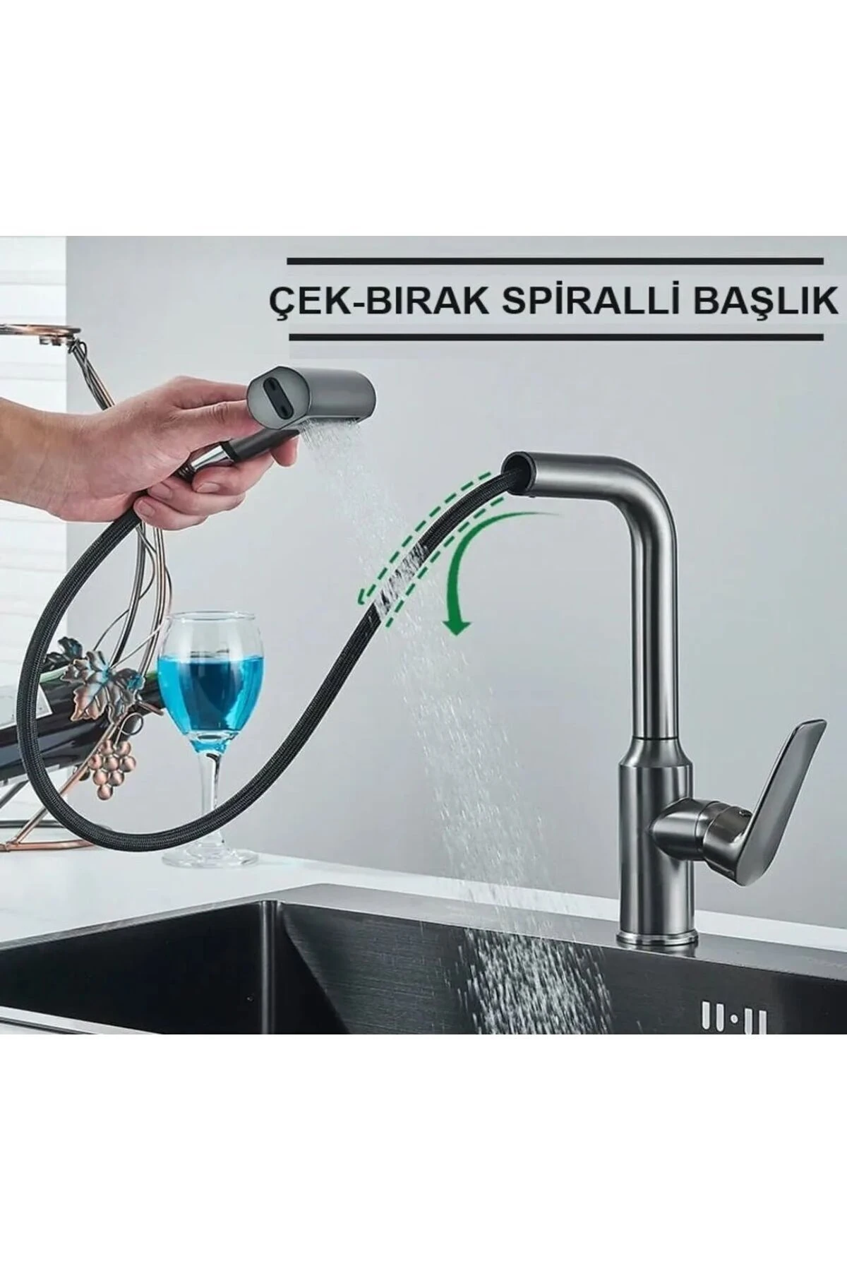 Fleko Çok Modlu Spiralli Mutfak Evye Bataryası Şelale Yağmurlama Fonksiyonel