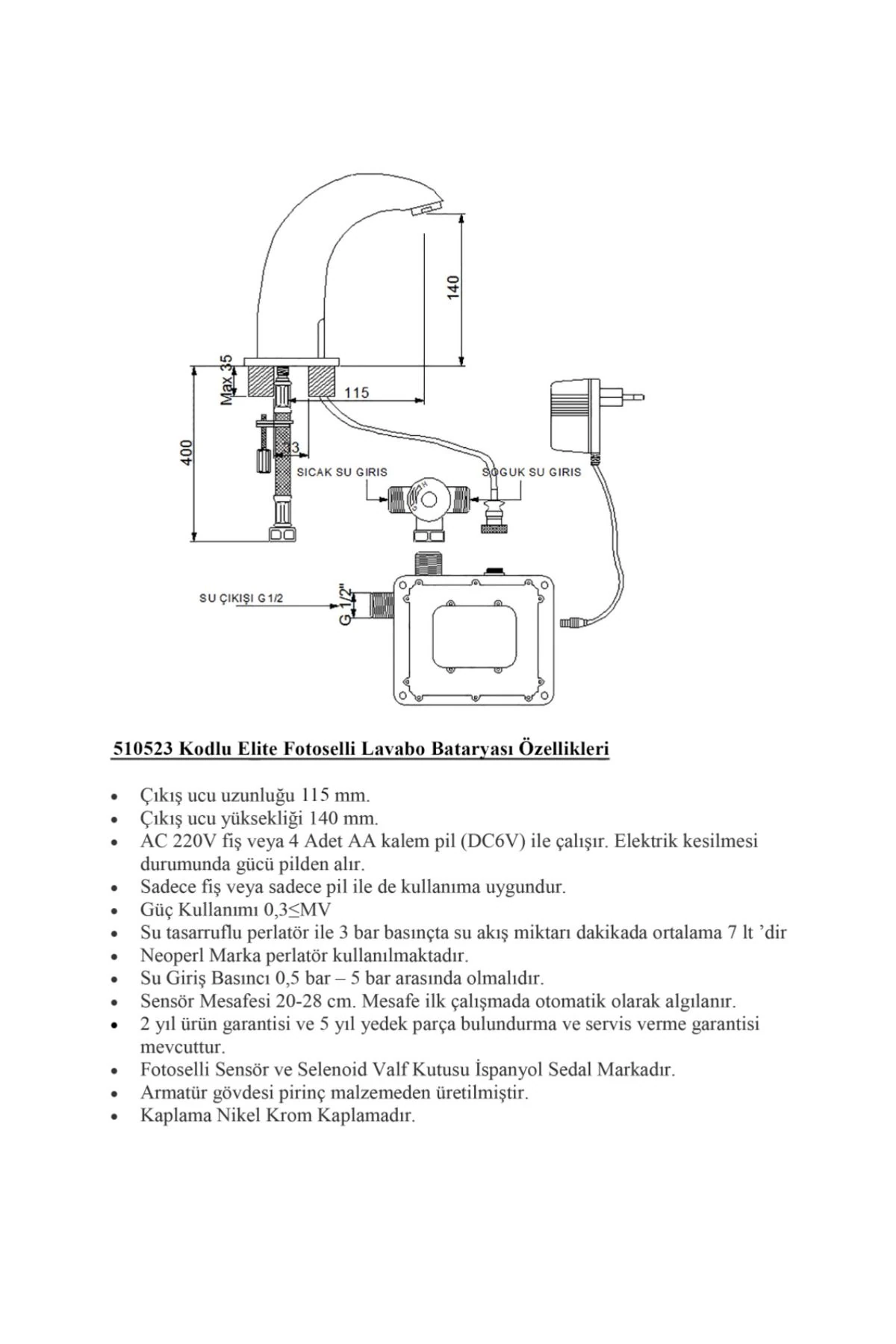 Tekno Fotoselli Elite Lavabo Bataryası Tek Su Girişli 510523t