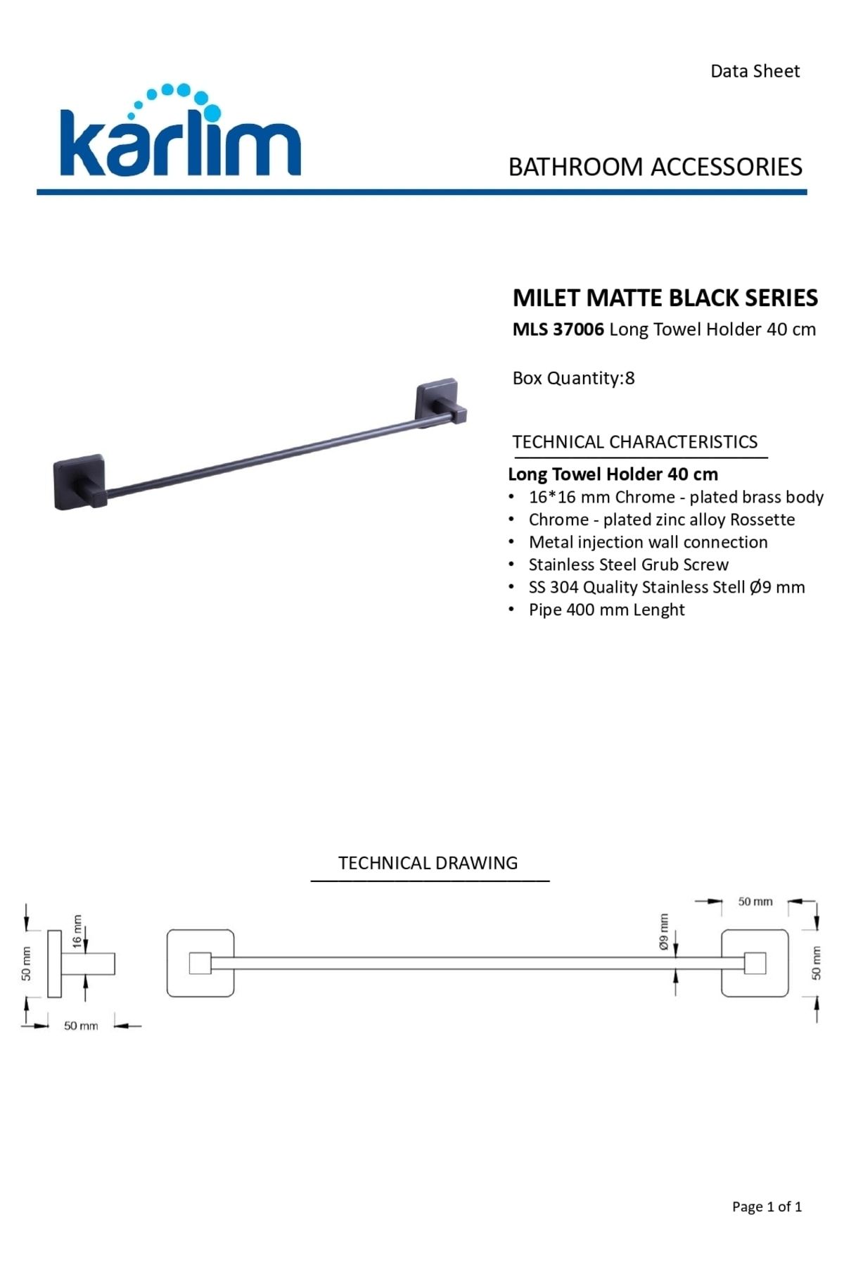 ® Mls 37006-k Milet Mat Siyah Uzun Havluluk 40 Cm
