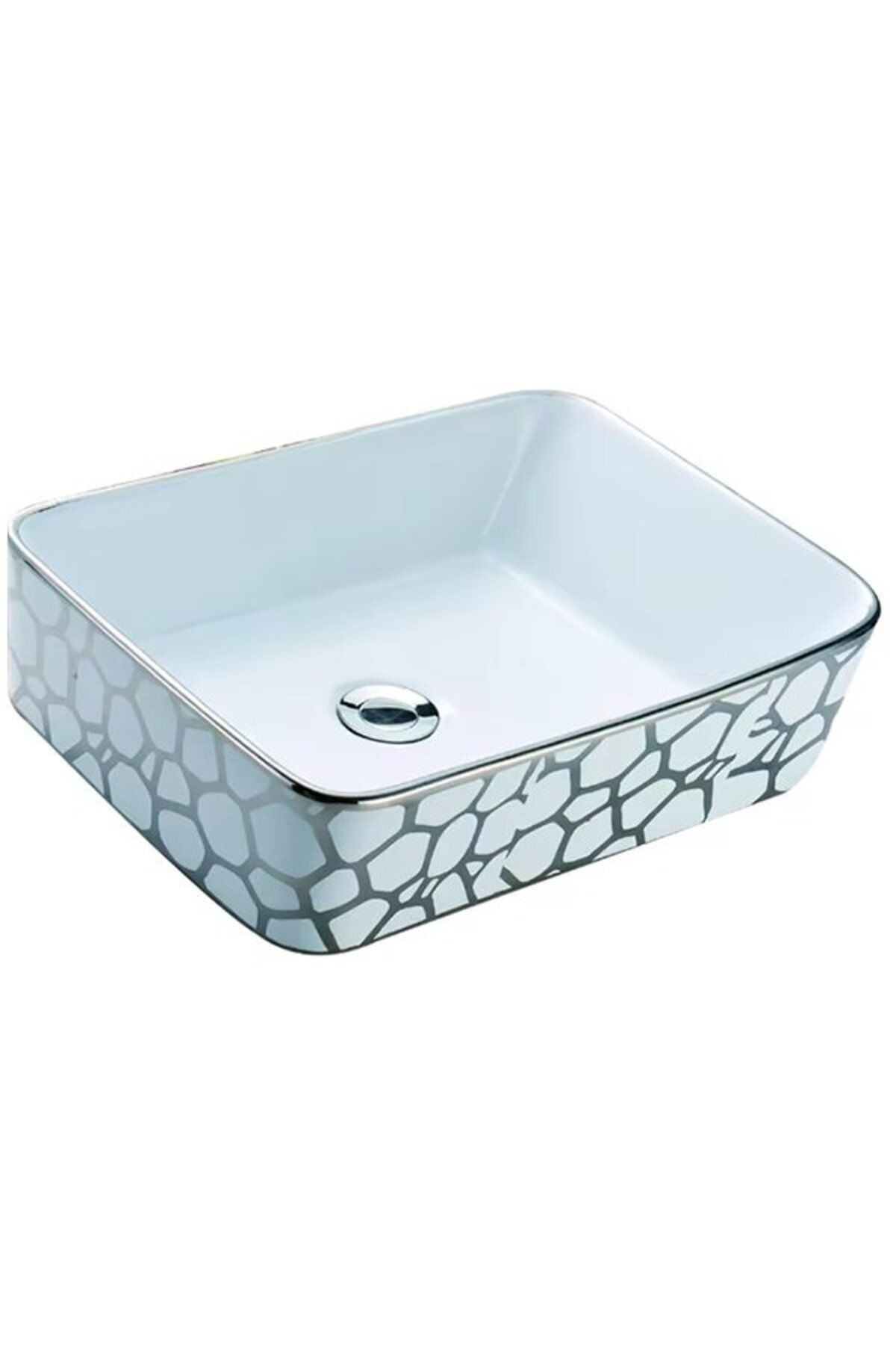 Banyo Lavabosu Tezgah Üstü Çanak Banyo Lavabosu Doğal Taş Gümüş Desenli 48x37x14 Ölçülerinde