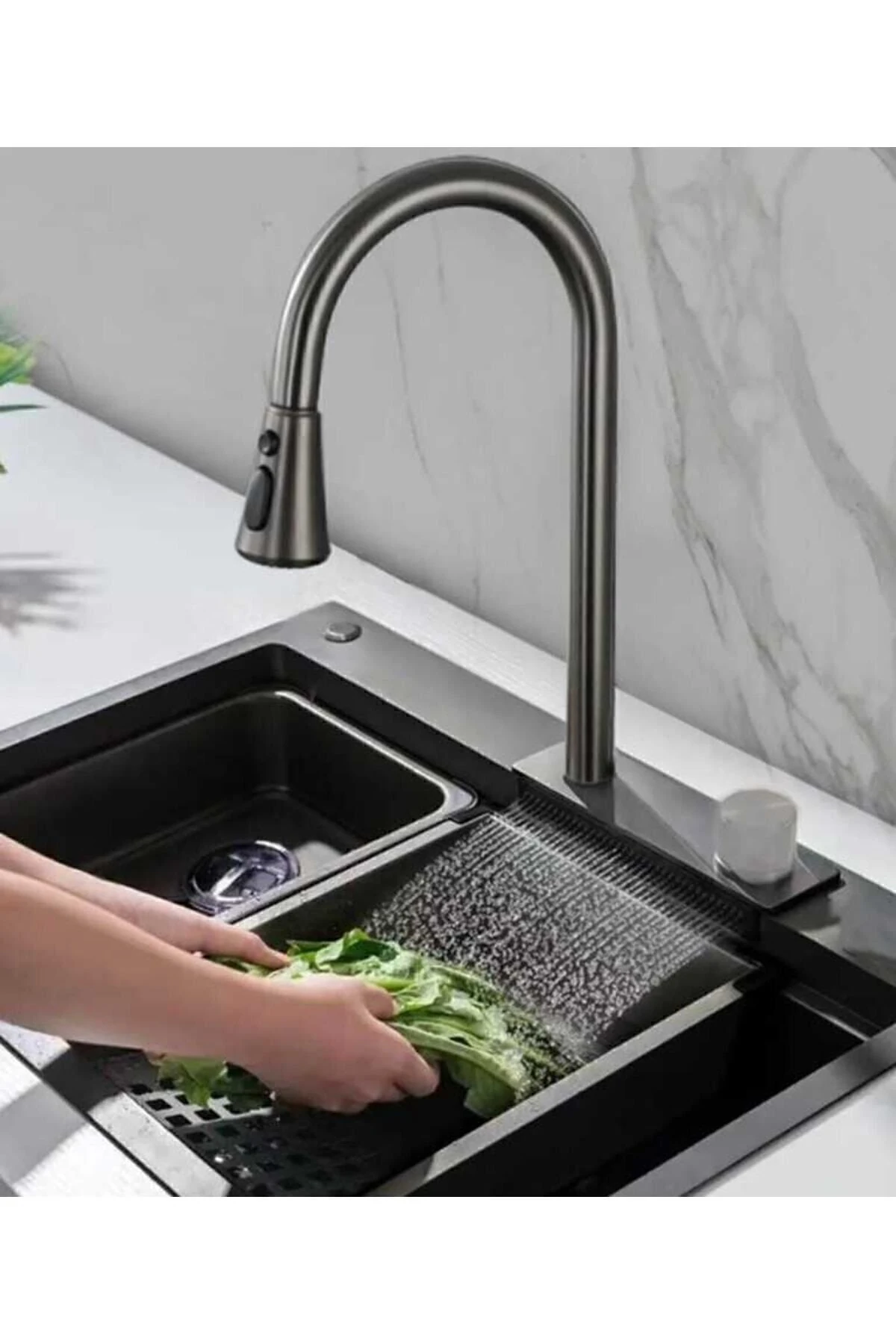 Teknolojik Akıllı Yağmurlama Armatür Kesme Tahtası 2 Tepsi 75x45x20cm Ankastre Evye Seti Hediye Li