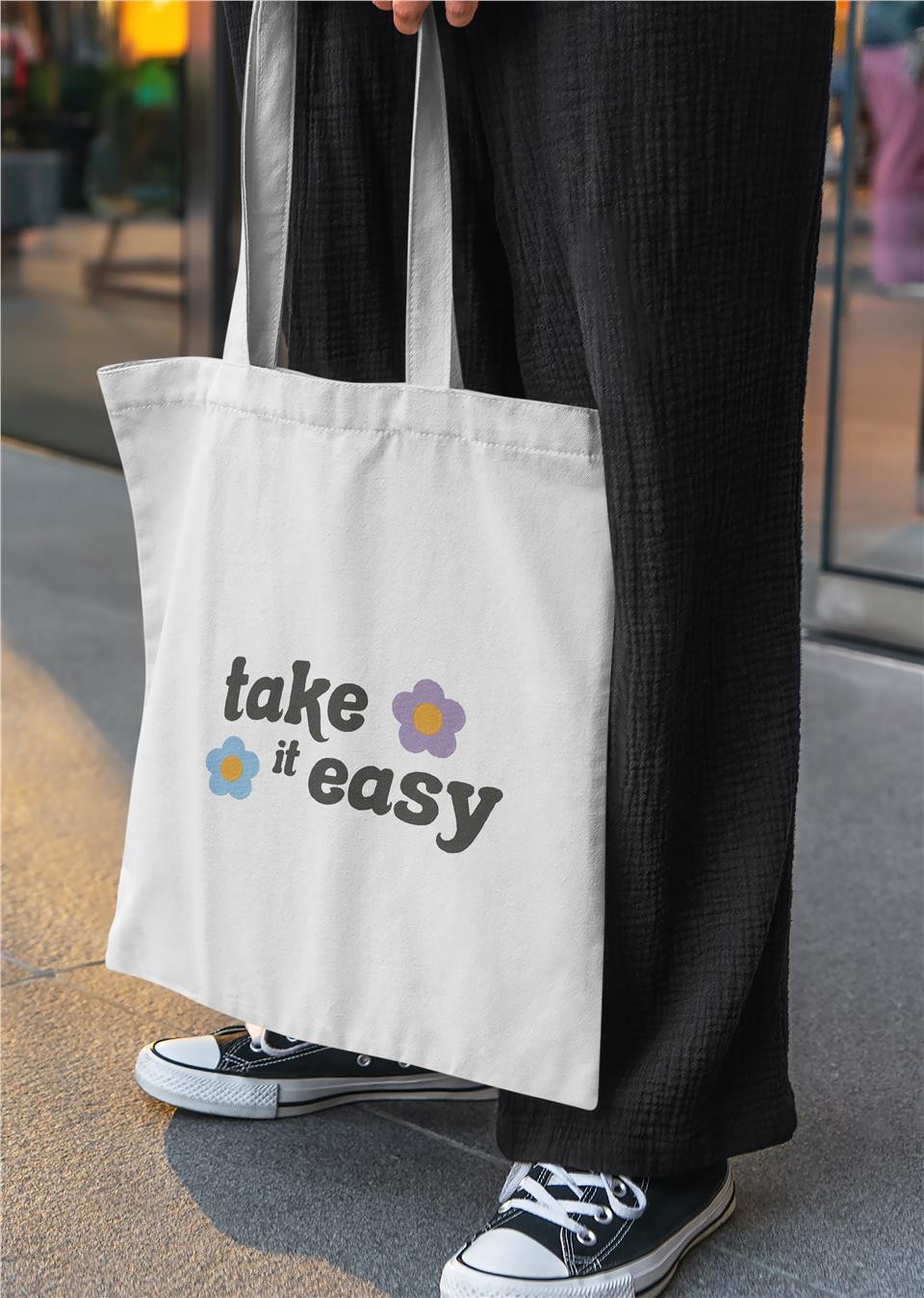 Take It Easy Flowers Baskılı Bez Çanta