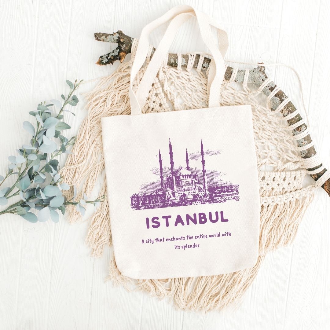 İstanbul Baskılı Bez Çanta (Pembe)