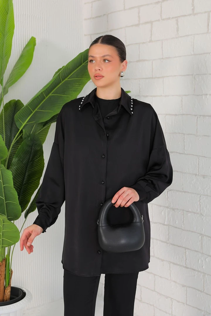 Yakası Taşlı Saten Gömlek 32-2057