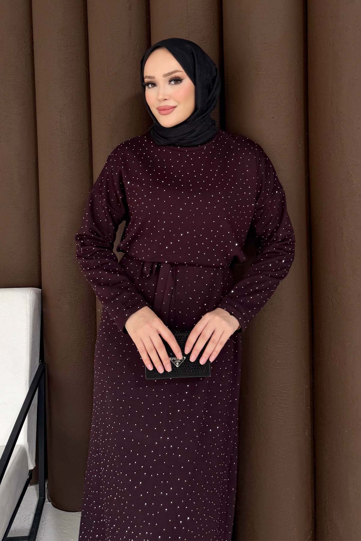 Taşlı Modal Elbise 68-6216