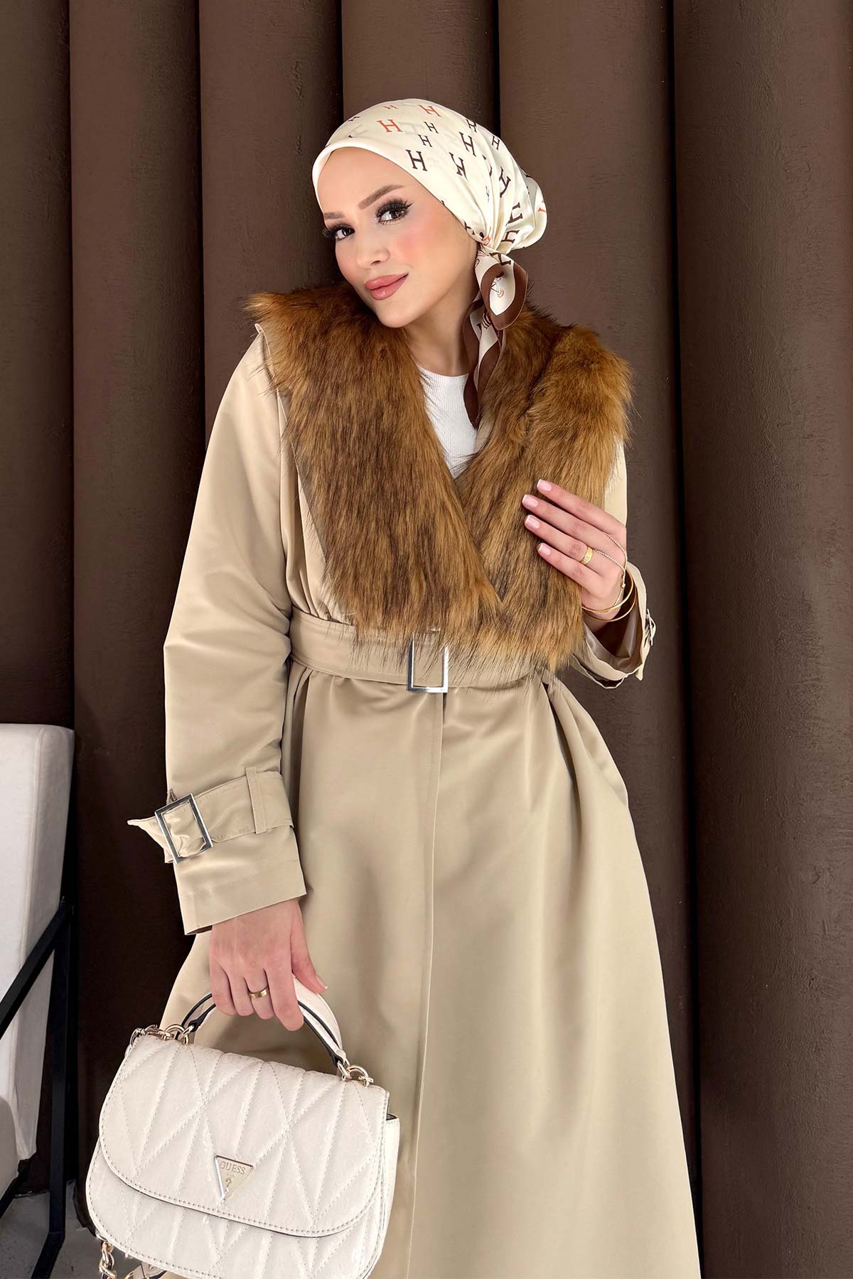 Kürklü Uzun Trençkot 32-3724