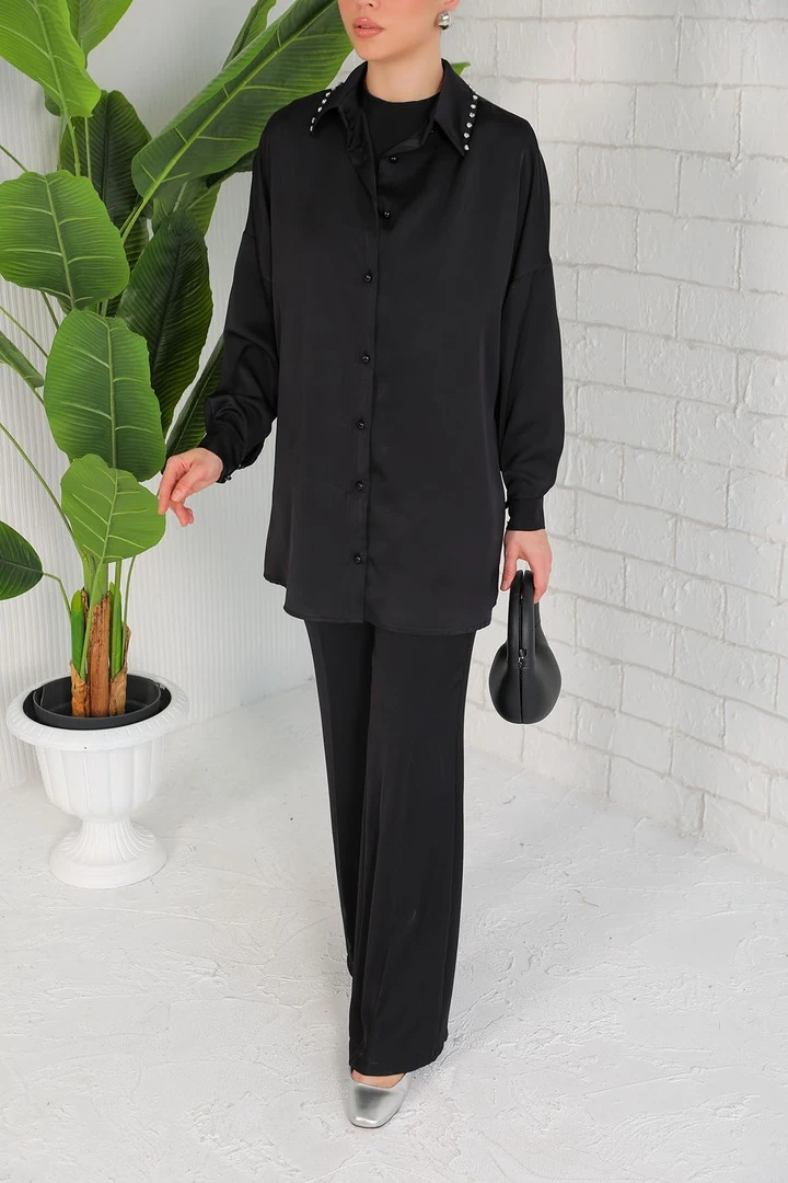 Yakası Taşlı Saten Gömlek 32-2057